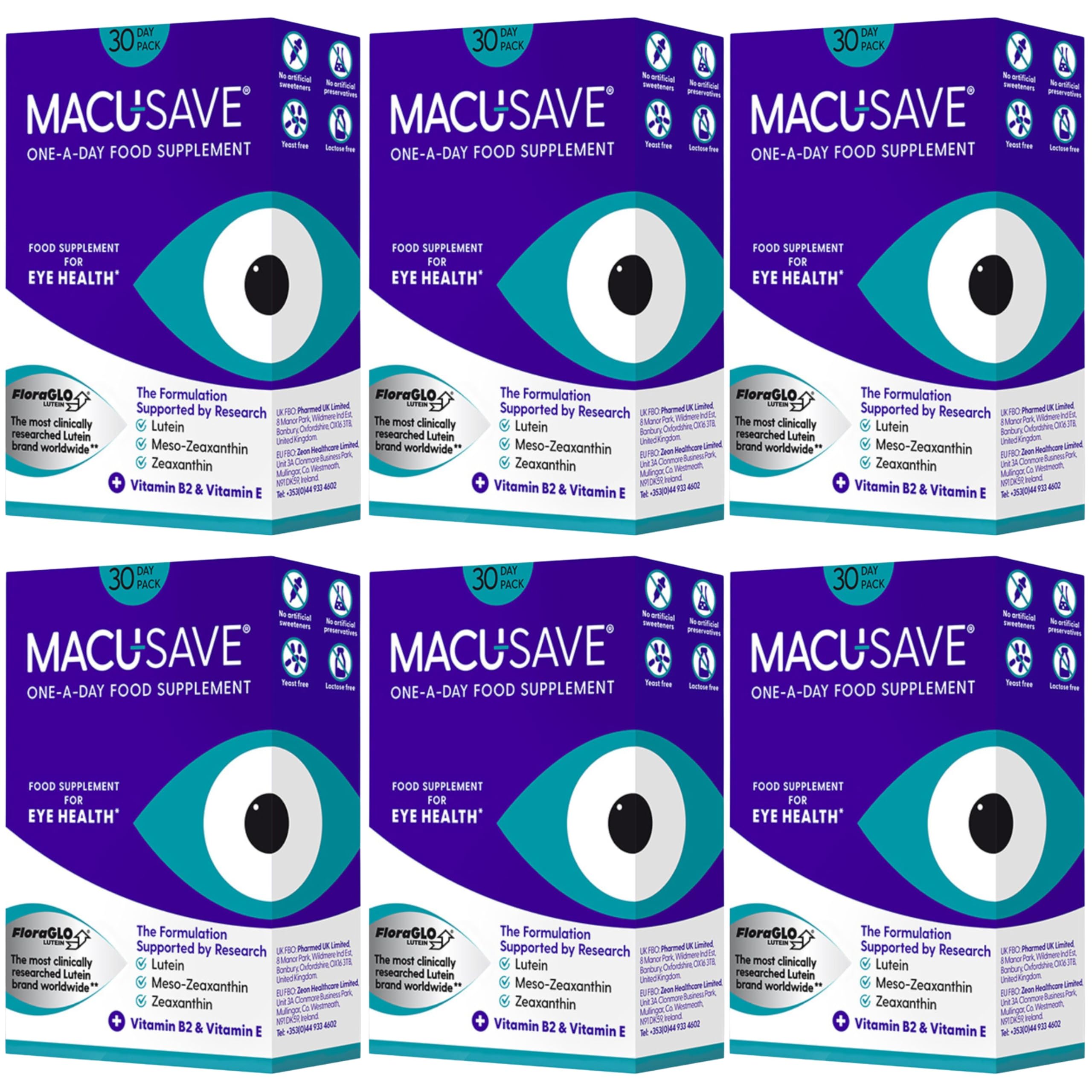 6 X 30 Pack - Macu-SAVE Food Supplement with Meso-Zeaxanthin/Lutein and Zeaxanthin.