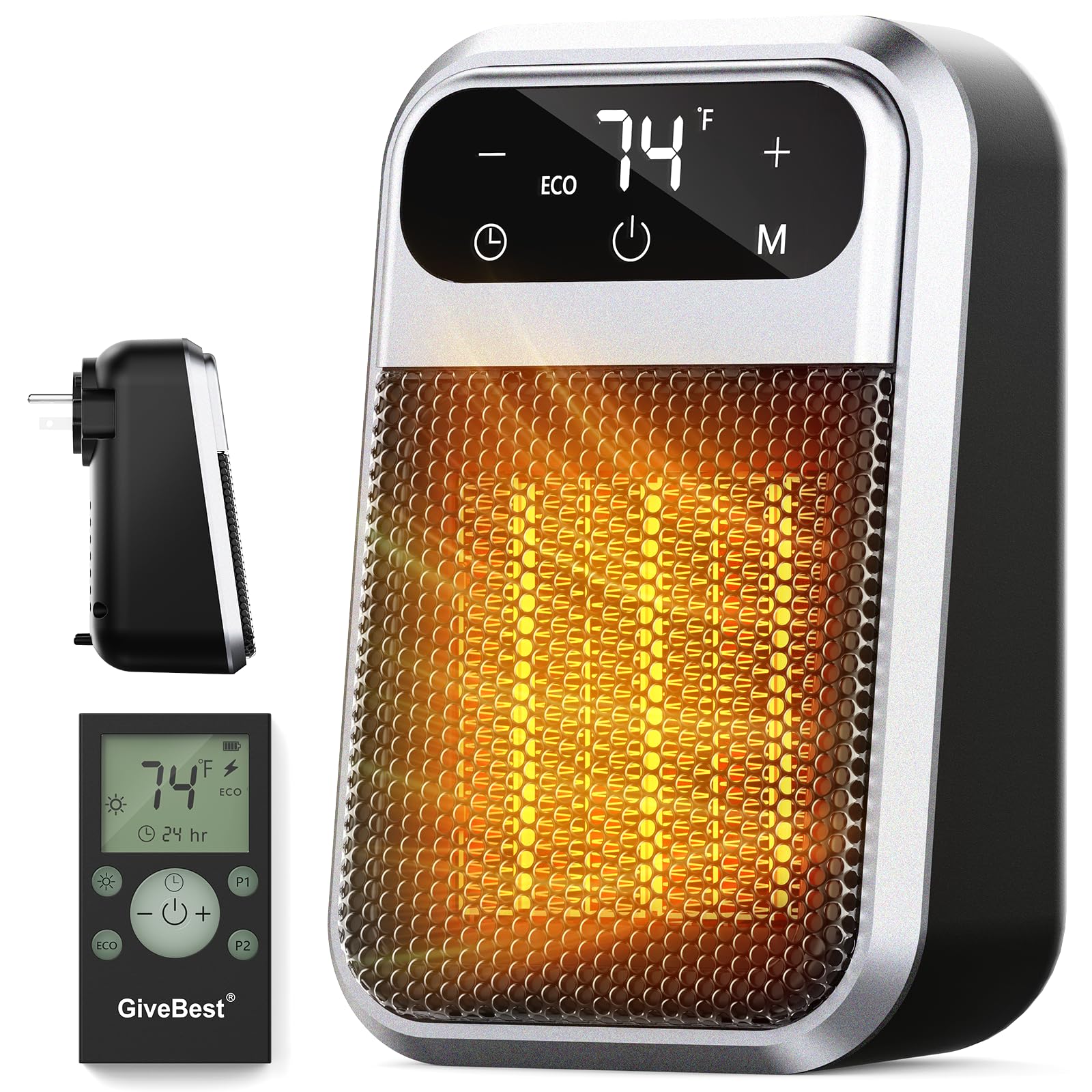 Givebest cyber 800W Plug in Heater with Remote - Outlet Space Heater with Touch LED Display Small Electric