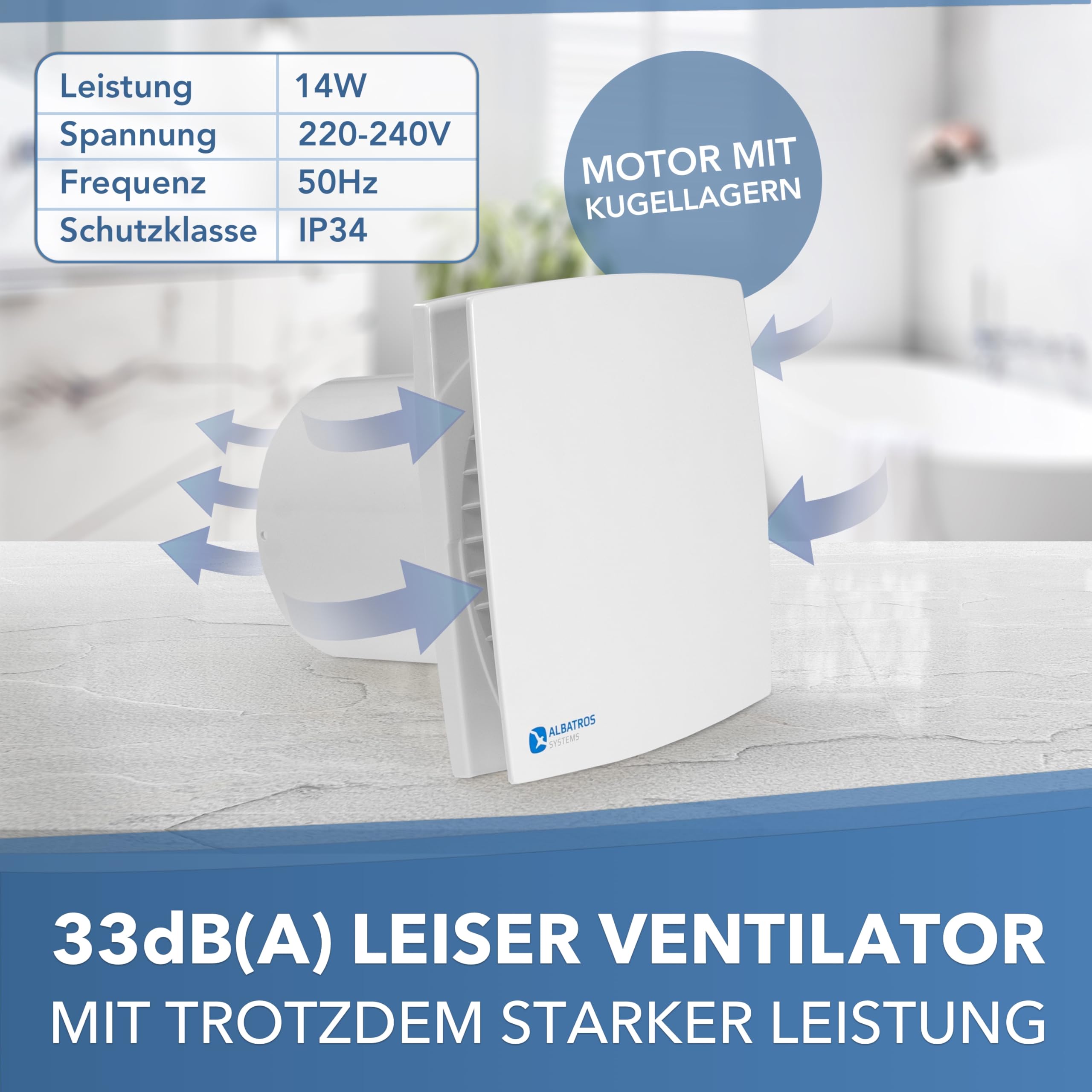 Albatros Badlüfter 100mm mit Feuchtigkeitssensor und Timer - Alba FS - Extra Leise und Leistungsstark - Einfache Installation