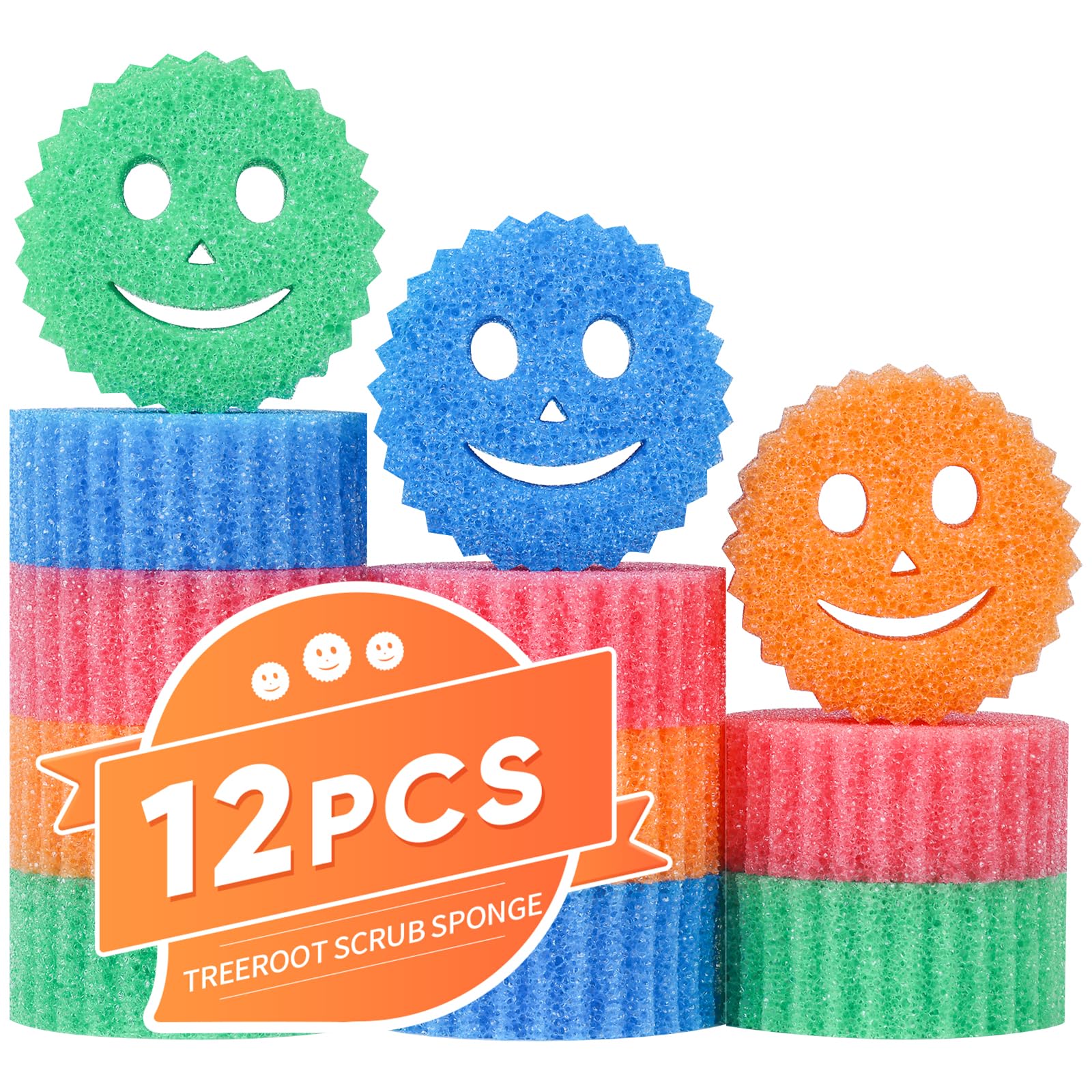 Treeroot 12 Pack Colorful Smile Scrub Sponges, Temperature Controlled