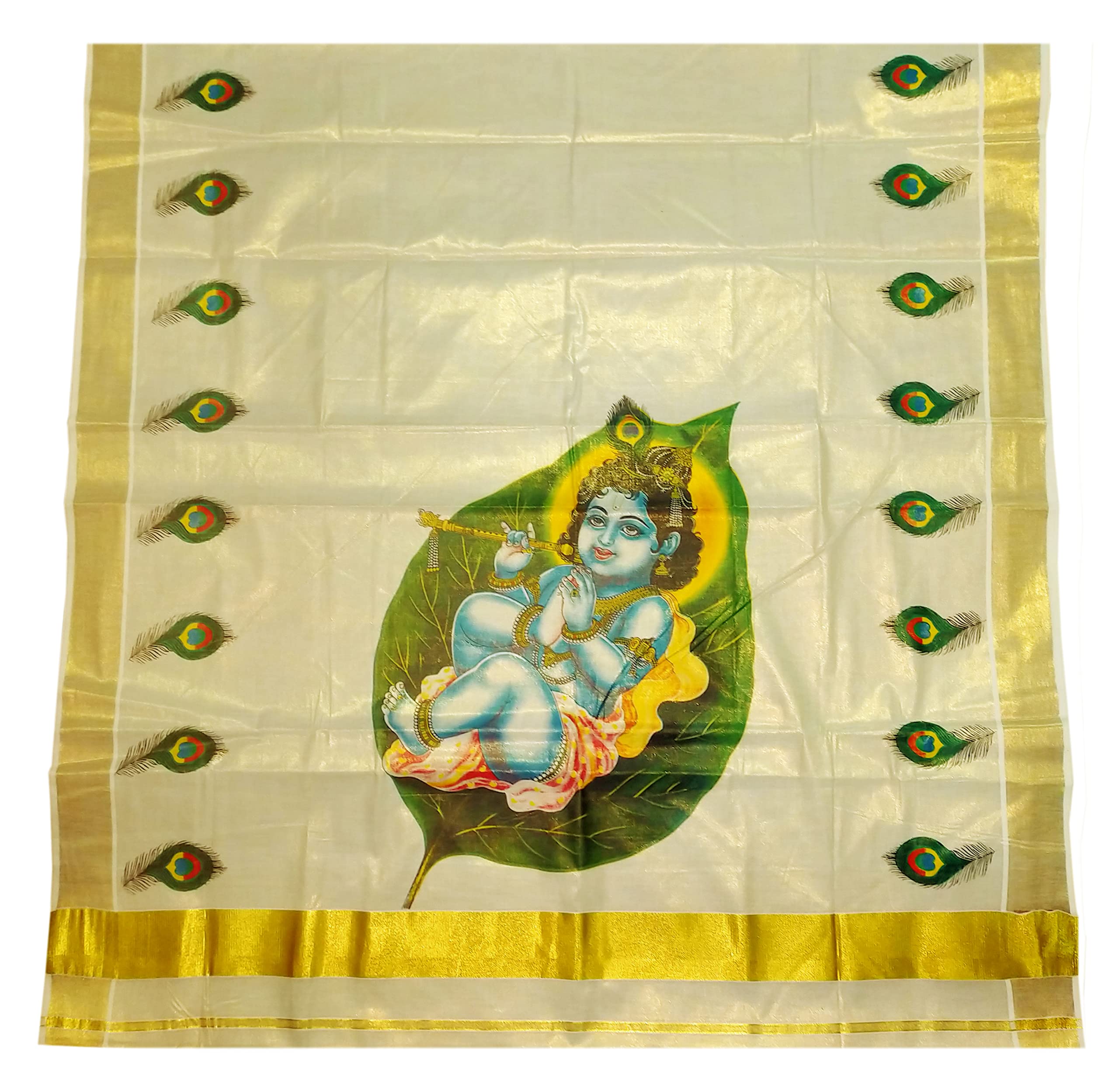YETTALANWomen's Mural Printed Kerala Gold Tissue Saree with Running Blouse