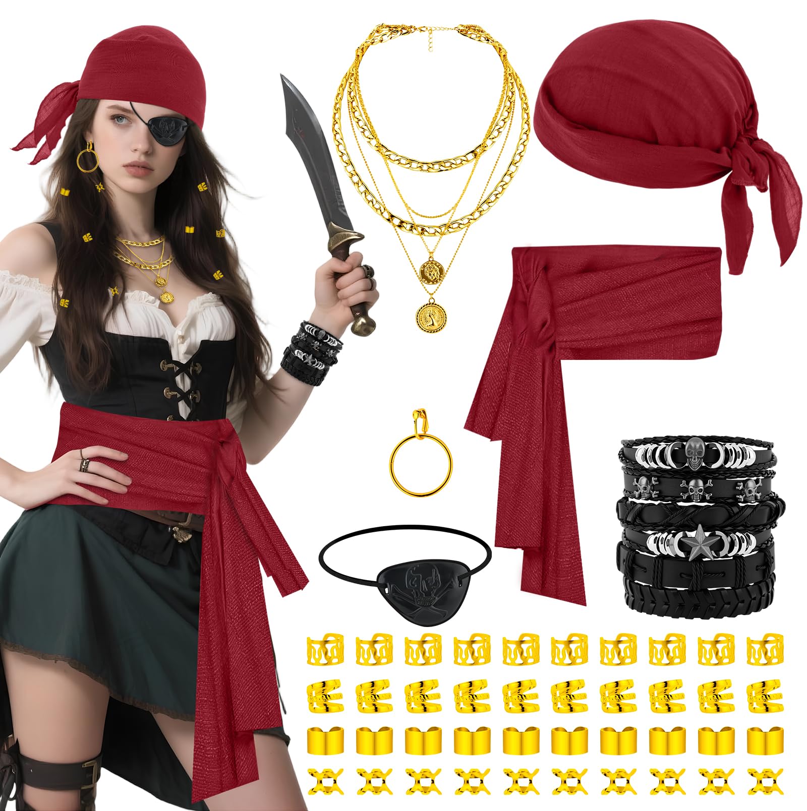 BAIEGOED 51 Pieces Pirate Costume Accessories Set for Adults Women Man, Includes Headscarf, Eye Patch, Earrings, Necklace, Bracelet, Hair Beads & Hip Scarf  Suitable for Halloween & Cosplay Parties