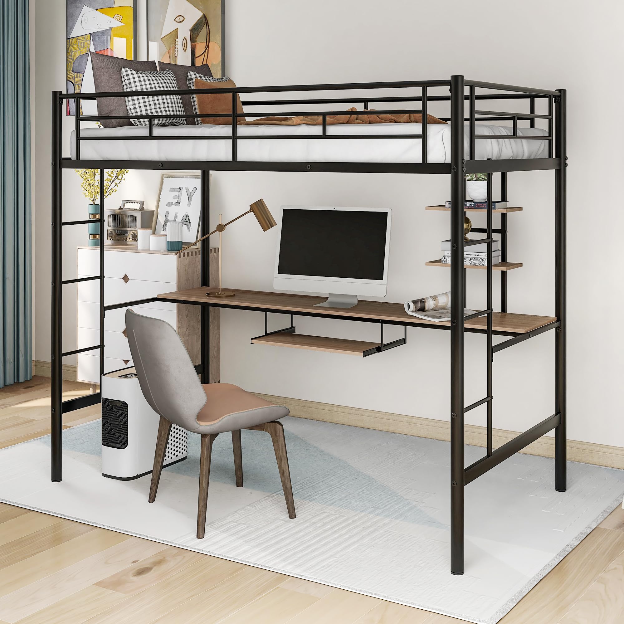 Twin Loft Bed with Long Desk and Shelves, Metal Loft Bed Frame with Full-Length Guardrail Built-in Ladder, Loft Bed Twin Size for Teens & Adults, Noise Free