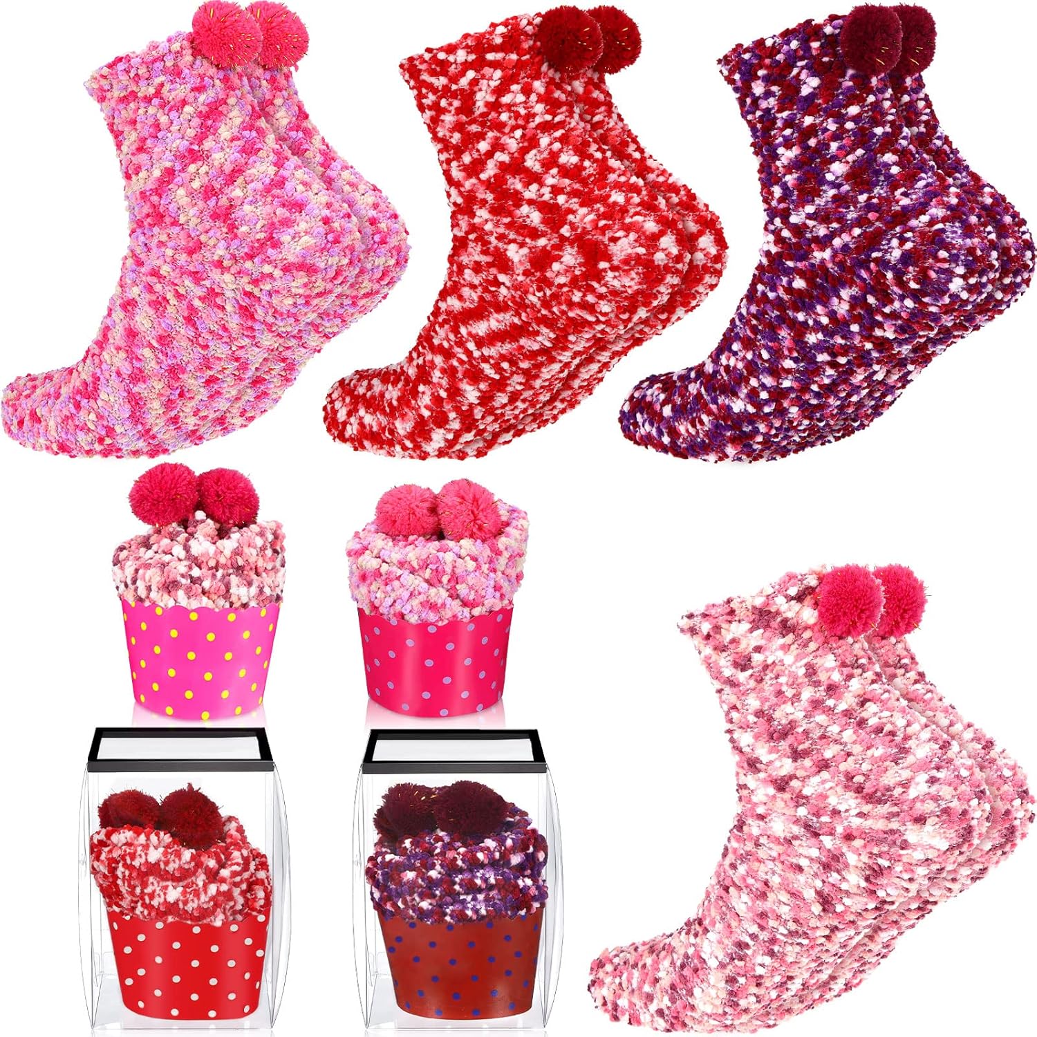 SATINIOR 4 Pairs Valentines Fuzzy Cupcake Socks for Women Girl Fluffy Slipper Socks DIY Gift Boxes for Winter Christmas