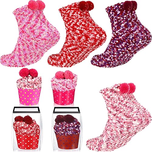 4 Pairs Valentine's Day Cupcake Socks Gifts for Women Girl Fuzzy Fluffy Sock DIY Present Socks Birthday Gifts
