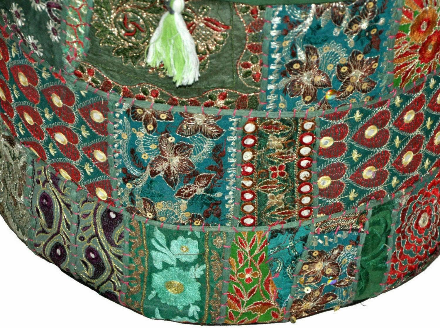 Indian Pouffe Floor Ottoman Pouffe Cotton Patchwork Embroidered Decor Seating Cover