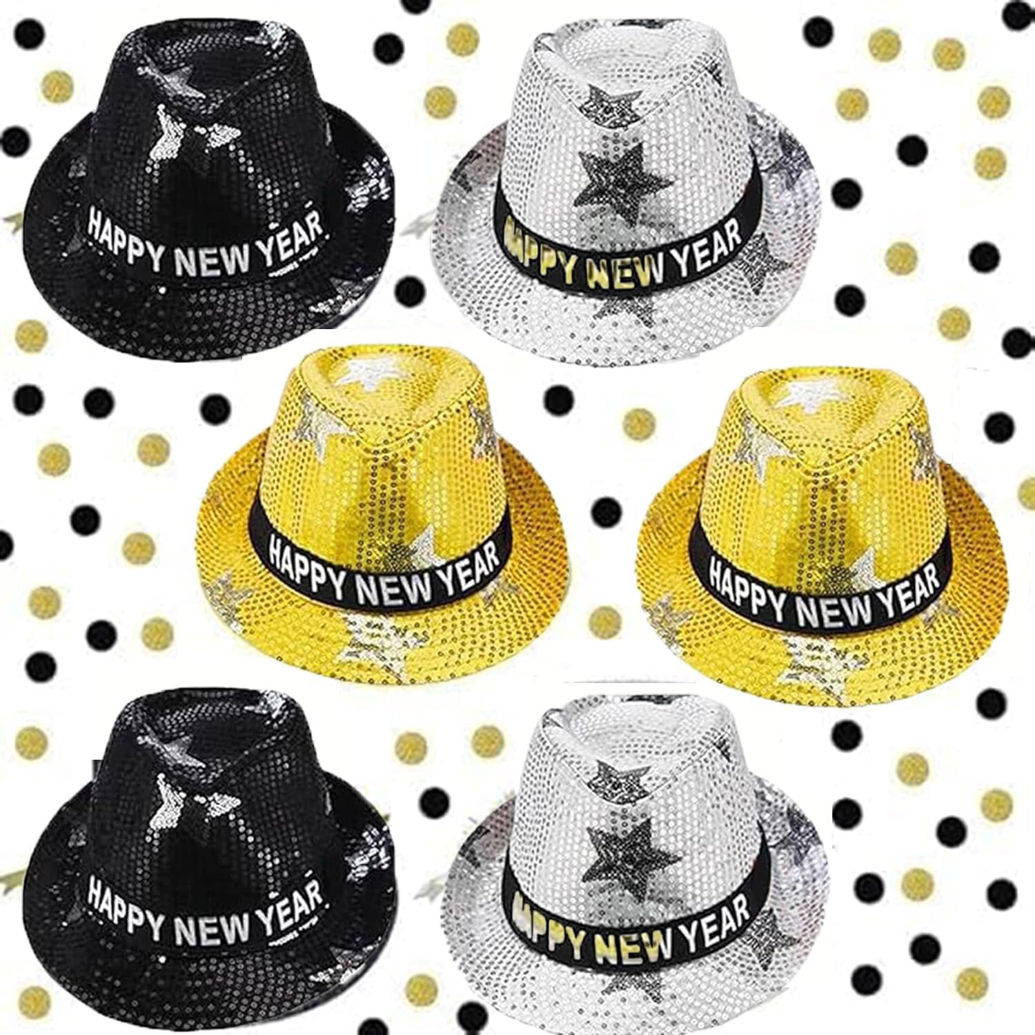 6 Pack New Year Hat Fedora Hats New Years Hats New Year Eve Sequin Hat Gold Black Silver Happy New Year Hat for Adults Men and Women Christmas New Year Party Decorations