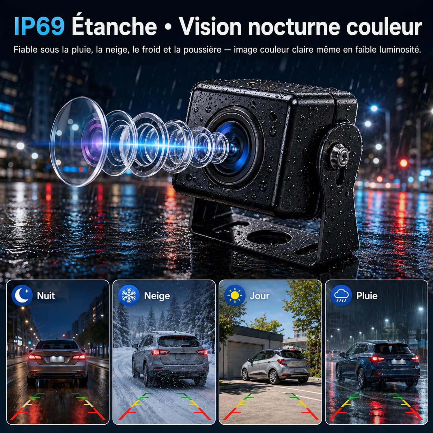 Caméra de Recul Filaire 1080P avec Écran HD 7 Pouces Vision Nocturne Couleur Starlight 12V-24V Caméra Compacte Facile à Installer pour SUV Voiture Camping-Car Camion Van IP69 Étanche Câble 15m