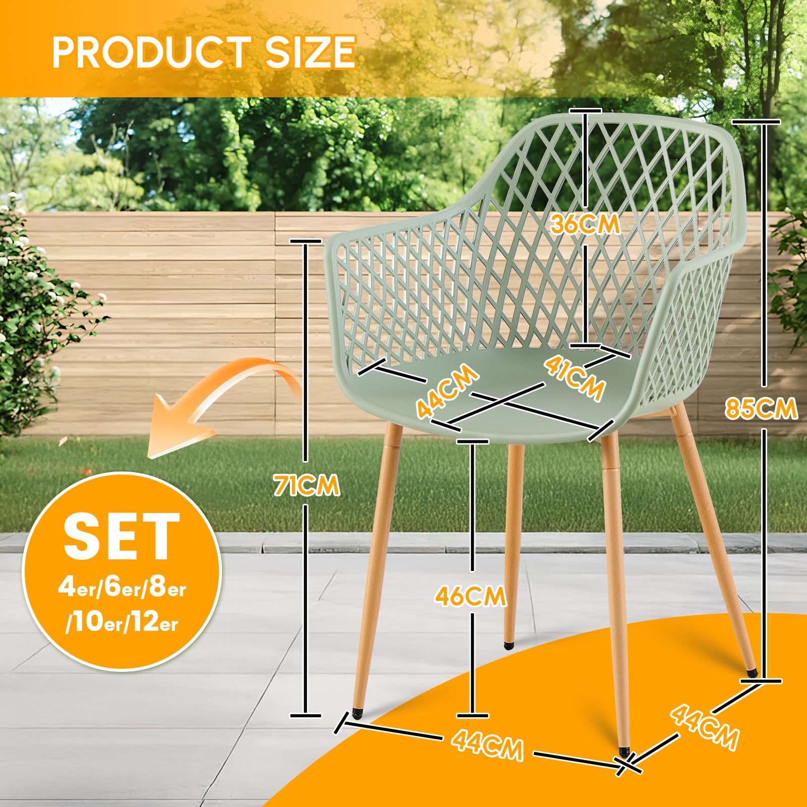 buybyroom Set de 6 sillas de jardín para exteriores, de plástico, para balcón con patas de metal, capacidad de carga 120 kg, color: gris/verde