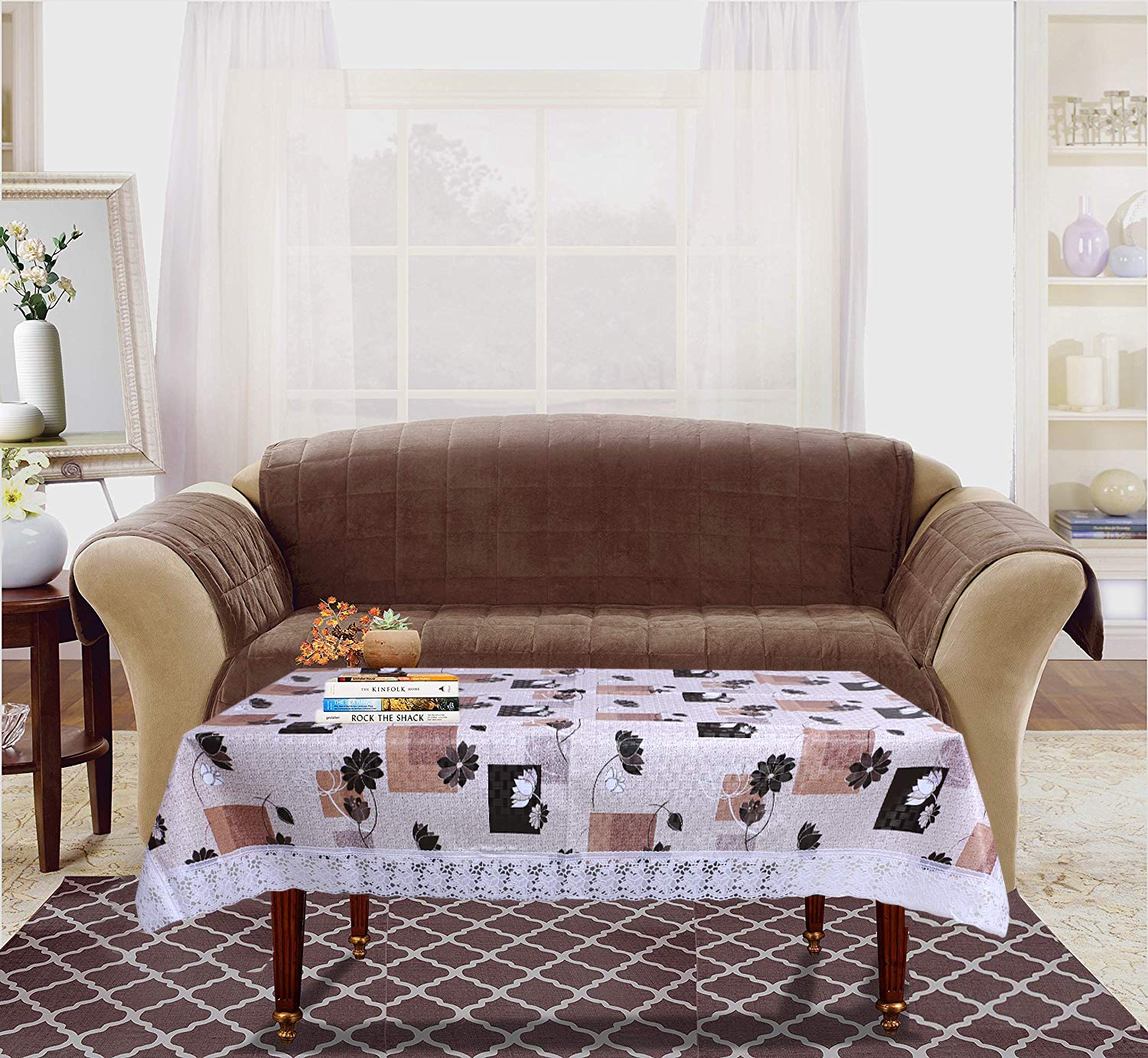 Kuber Industries Flower Design PVC 4 Seater Center Table Cover 60"x40"(Brown) - CTKTC40099