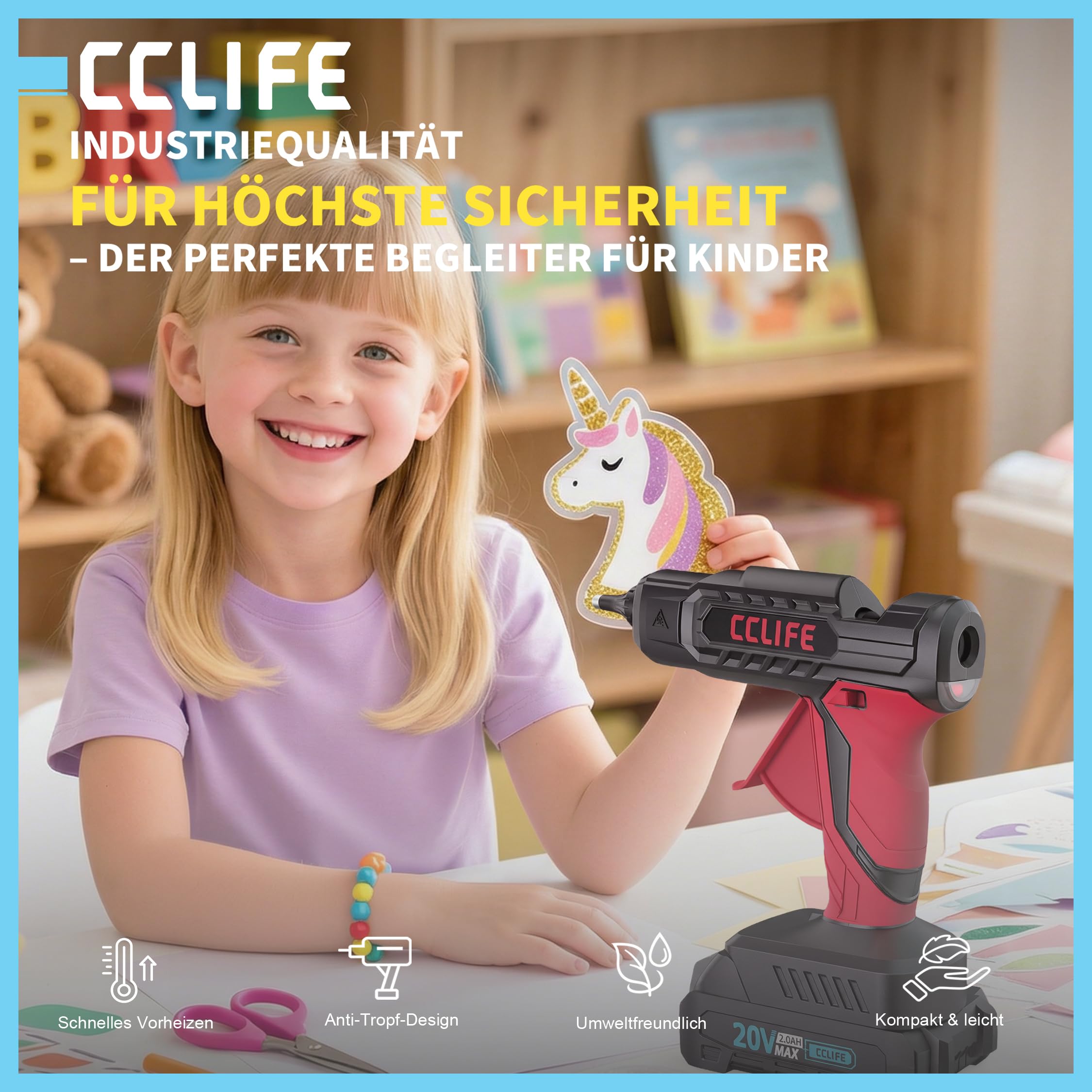 CCLIFE Pistolet do klejenia na gorąco, akumulatorowy pistolet do klejenia na gorąco z 30 sztyftami do klejenia na gorąco, szybkie nagrzewanie 150 s, niekapiący pistolet do kleju, bezprzewodowy typ C