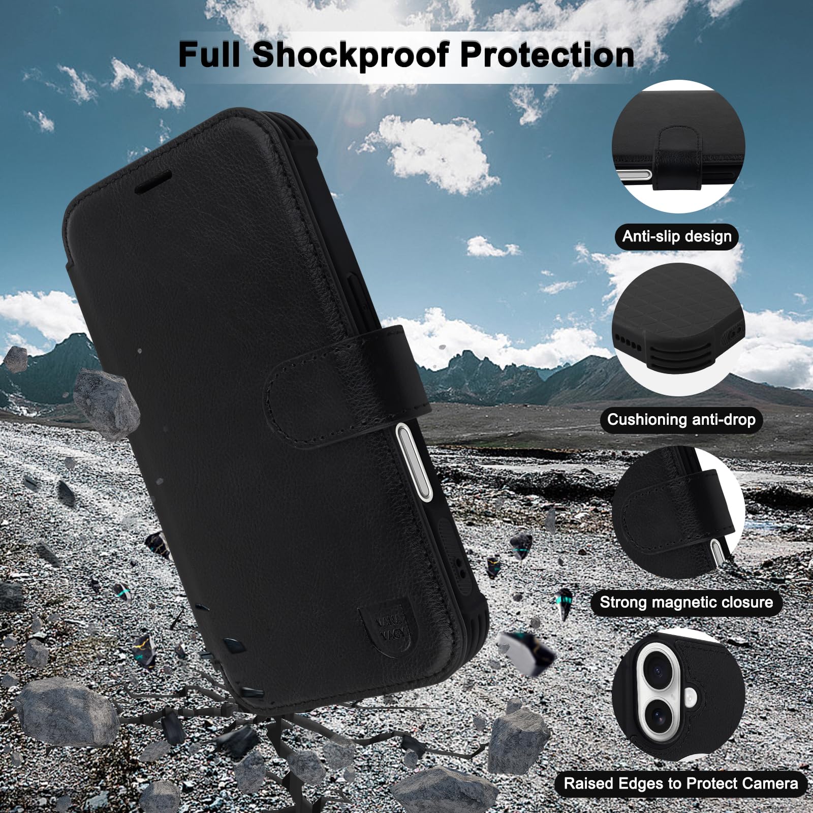 VANAVAGY Kompatibel für iPhone 16 Plus Hülle für Magsafe Drahtlos Aufladen, Leder Flip Folio Handgelenk mit RFID-Blockierung Kartenhalter, Schwarz