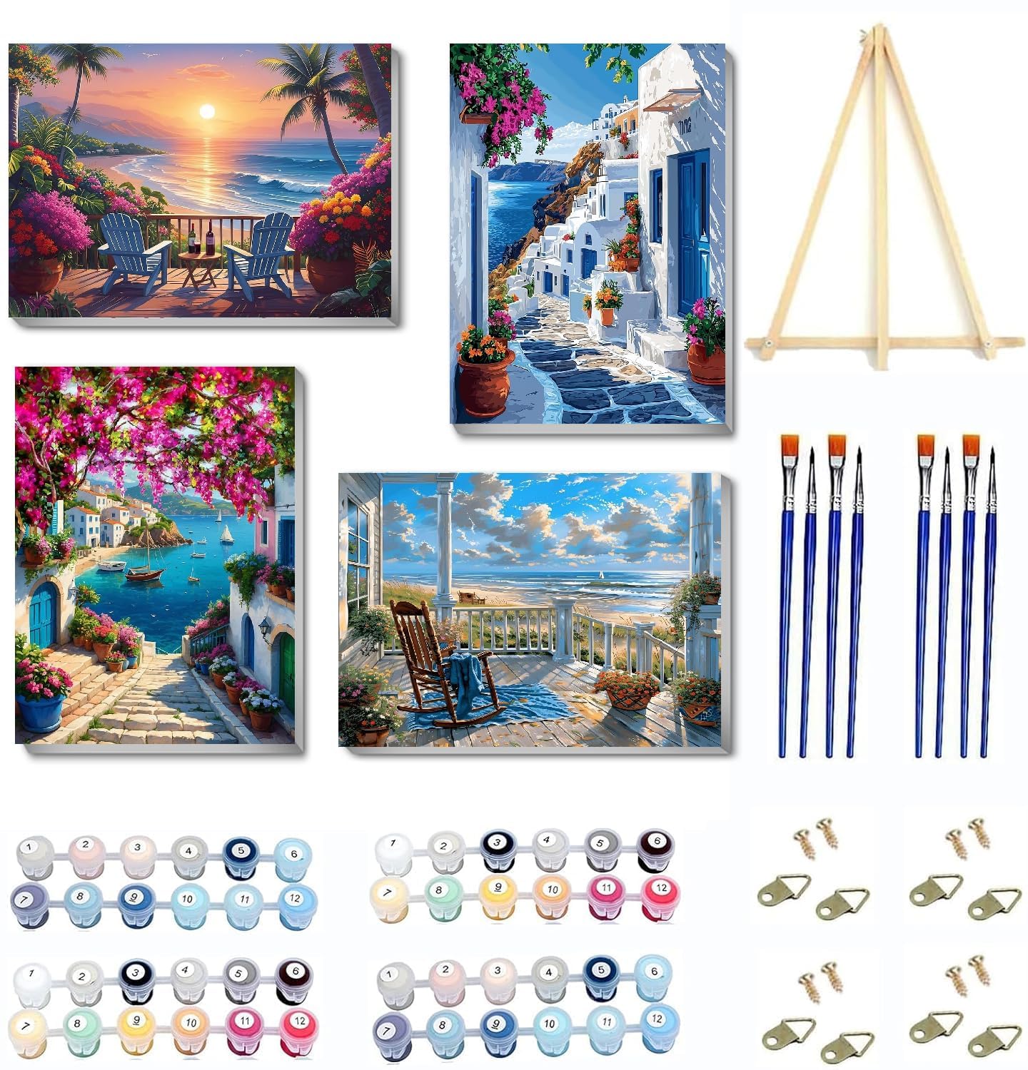 4 Pack Paint by Numbers Kit for Adults with Framed Canvas with Wooden Easel, Seaside Sunset Paint by Number, DIY Beach Sea Paint by Number Kit on Canvas, Oil Painting Kits for Wall Decor 8x12 Inch