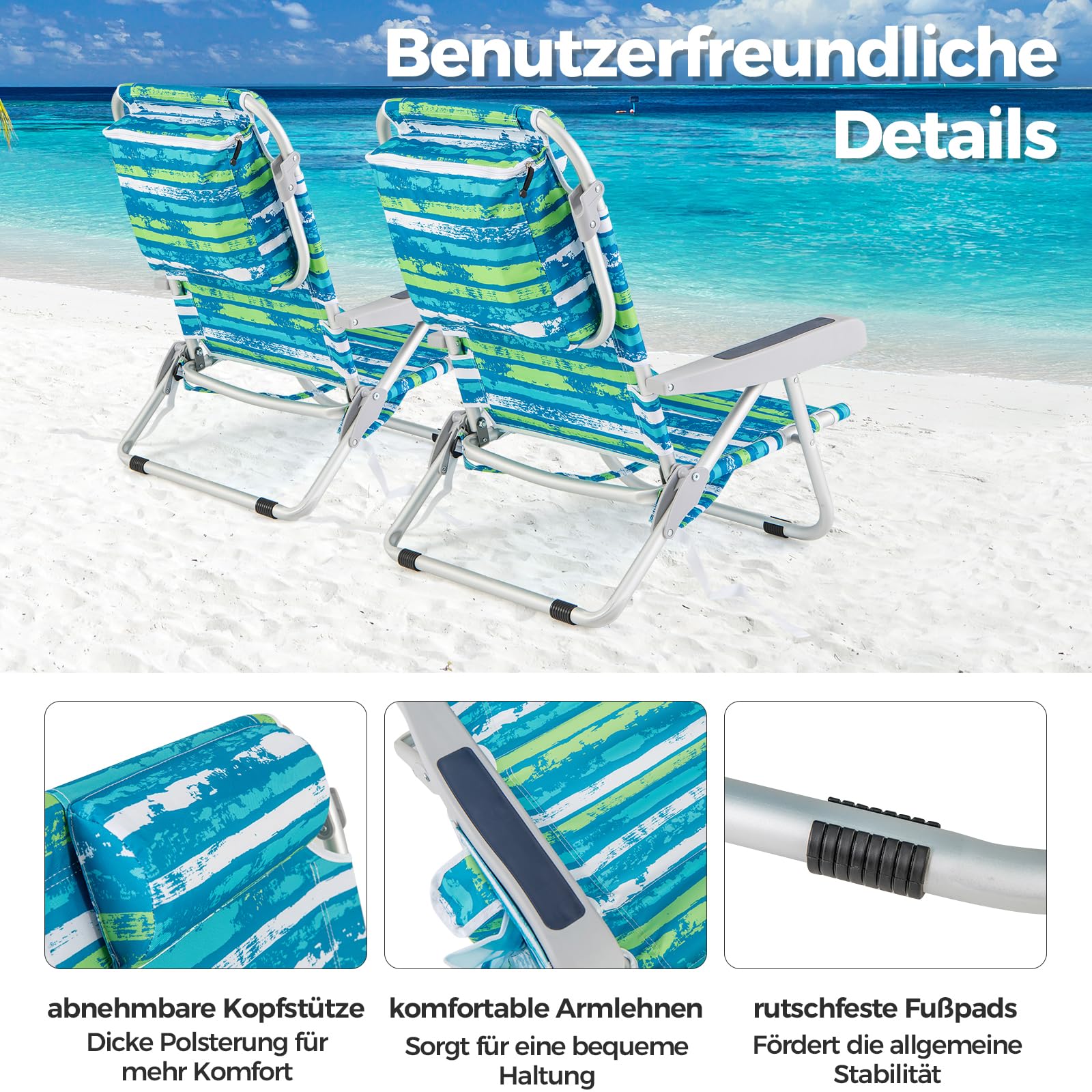 GOPLUS Strandstuhl klappbar leicht, Campingstuhl Outdoor Aluminium mit 5-Fach Verstellbarer Rückenlehne, bis 150kg belastbar, Klappstuhl Faltstuhl rutschfest mit Kissen Schultergurten (Grün,1)