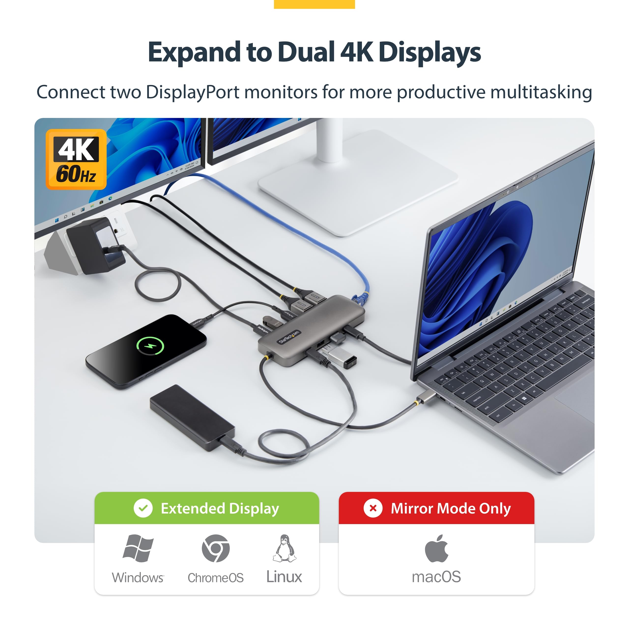 StarTech Dock USB-C 9-en-1, Double DisplayPort 4K, 10Gbps, 100W, GbE, SD