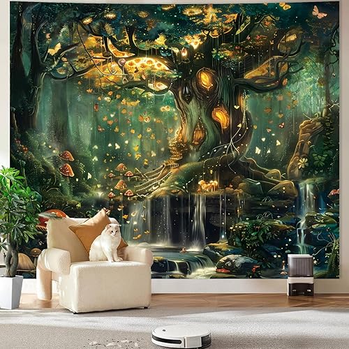 Miniatura 3 de Apdidl Tapiz de pared de bosque para dormitorio, árbol de la vida verde natural, tapiz para colgar en la pared, cuento de hadas, paisaje mágico para