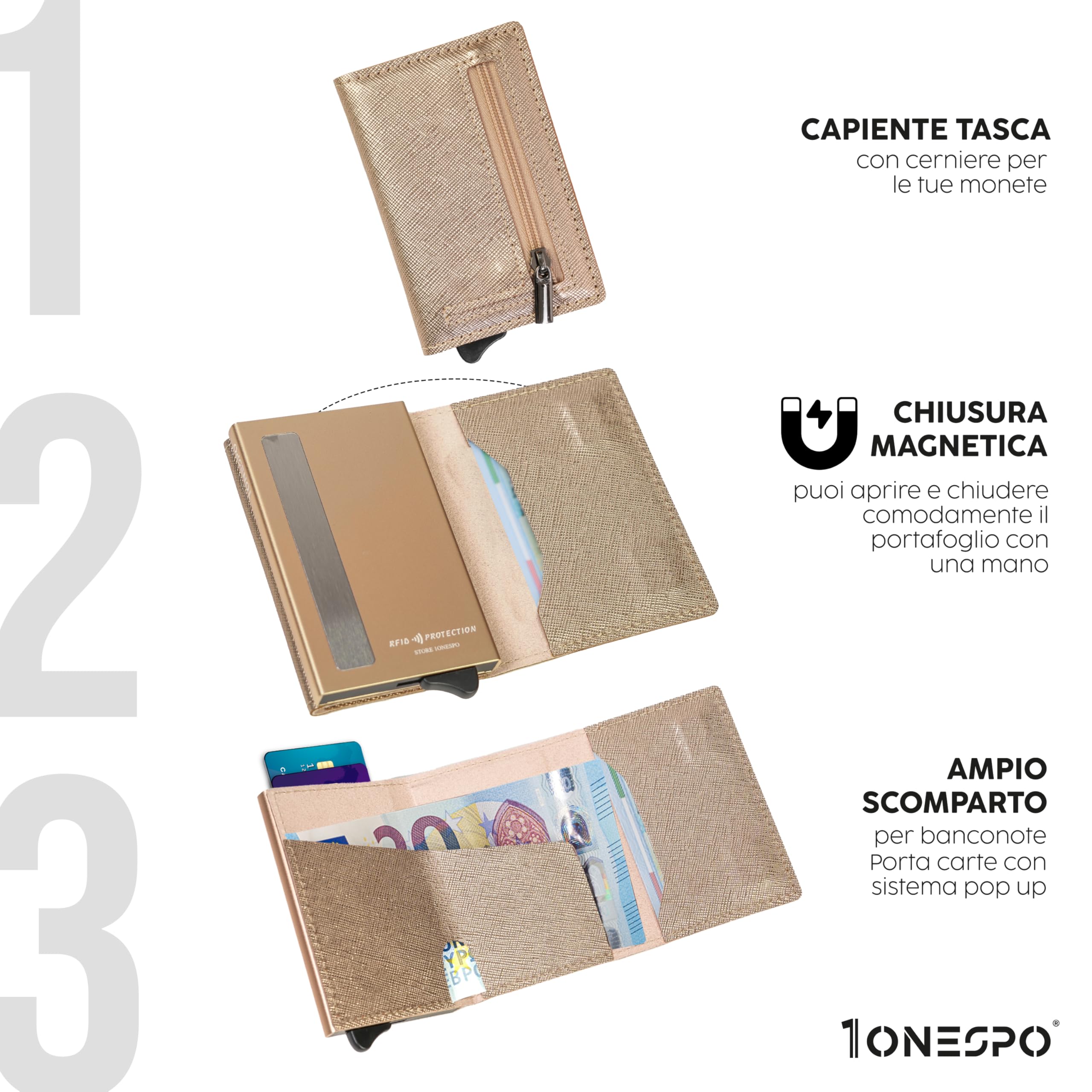 1ONESPO MAGNETIC Porta Carte di Credito Donna - Portafoglio donna piccolo con Portamonete e Contanti - Porta tessere e documenti - Portacarte protezione RFID, Vera Pelle Saffiano Oro