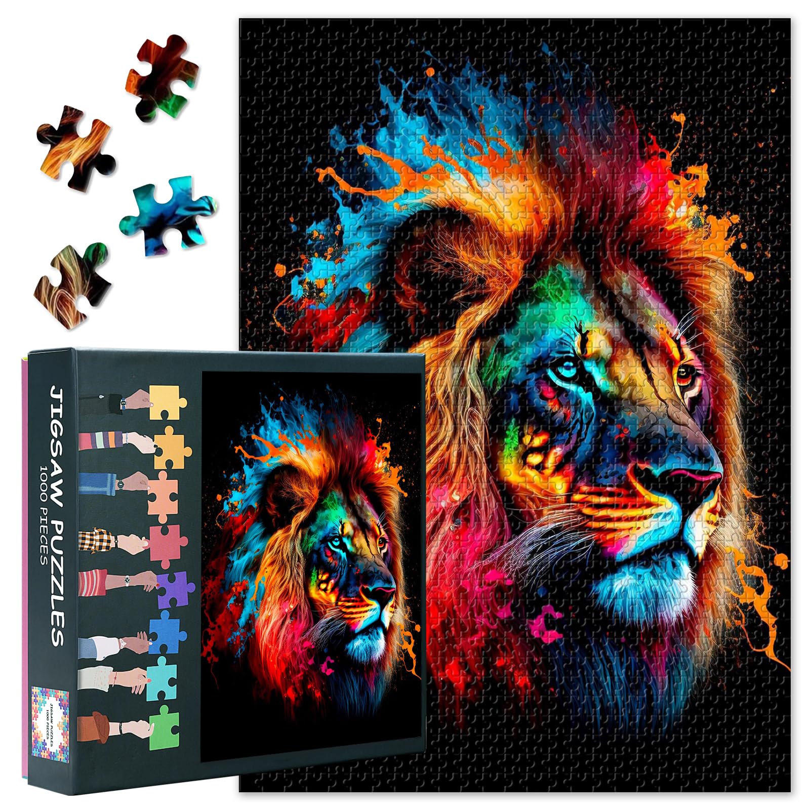 ‌Jigsaw Puzzle for Adults 1000 Piece Rainbow Lion Head Abstract Art with Fluid Art Movement for Psychedelic Mindfulness & Modern Home Décor 27.5x19.7 Inch‌