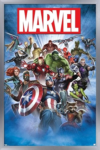 Trends International Marvel Comics - Póster de pared con foto de grupo, 22.375 x 34 pulgadas, versión enmarcada plateada