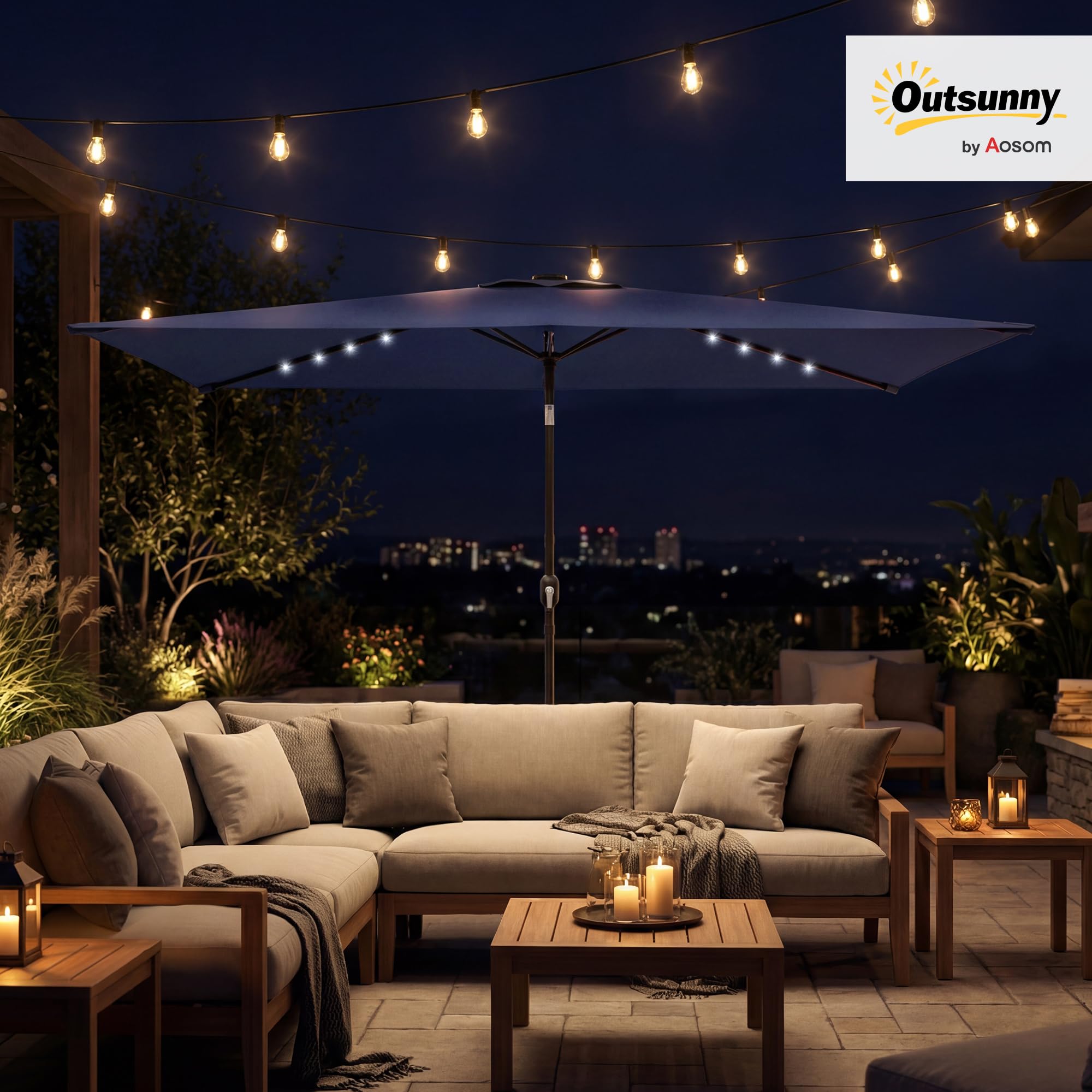 Outsunny Sombrilla Terraza Exterior 2,9x2,5 m con 24 Luces LED | Sombrilla de Jardín, Solares, Dosel Inclinable, Poste Metálico, Parasol para Patio, Terraza