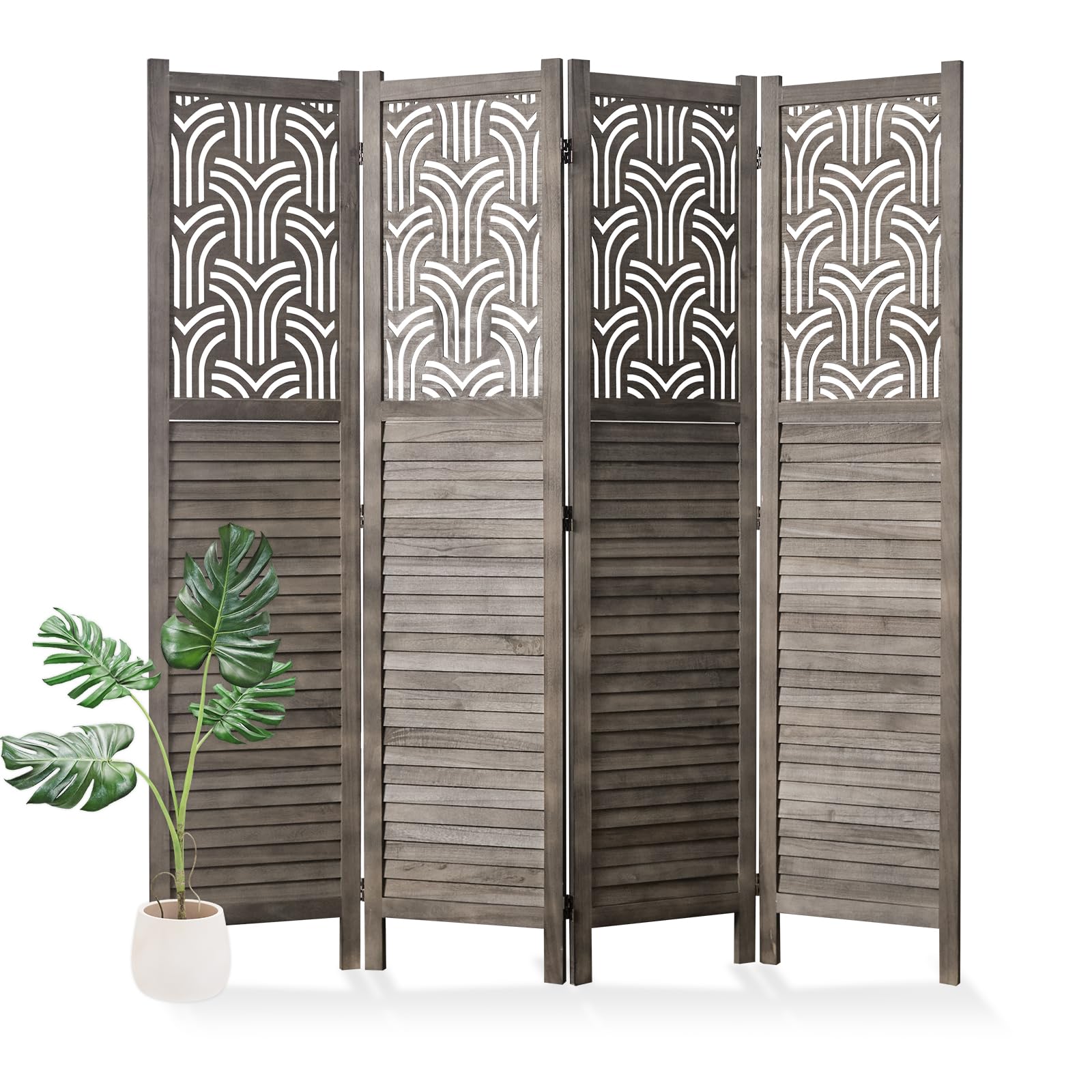 Svimi Folding Room Divider, 66.9 Inch 4 Panels Wood Carved Privacy Screens, Free Assembled Freestanding Portable Separation Wall for Home Office