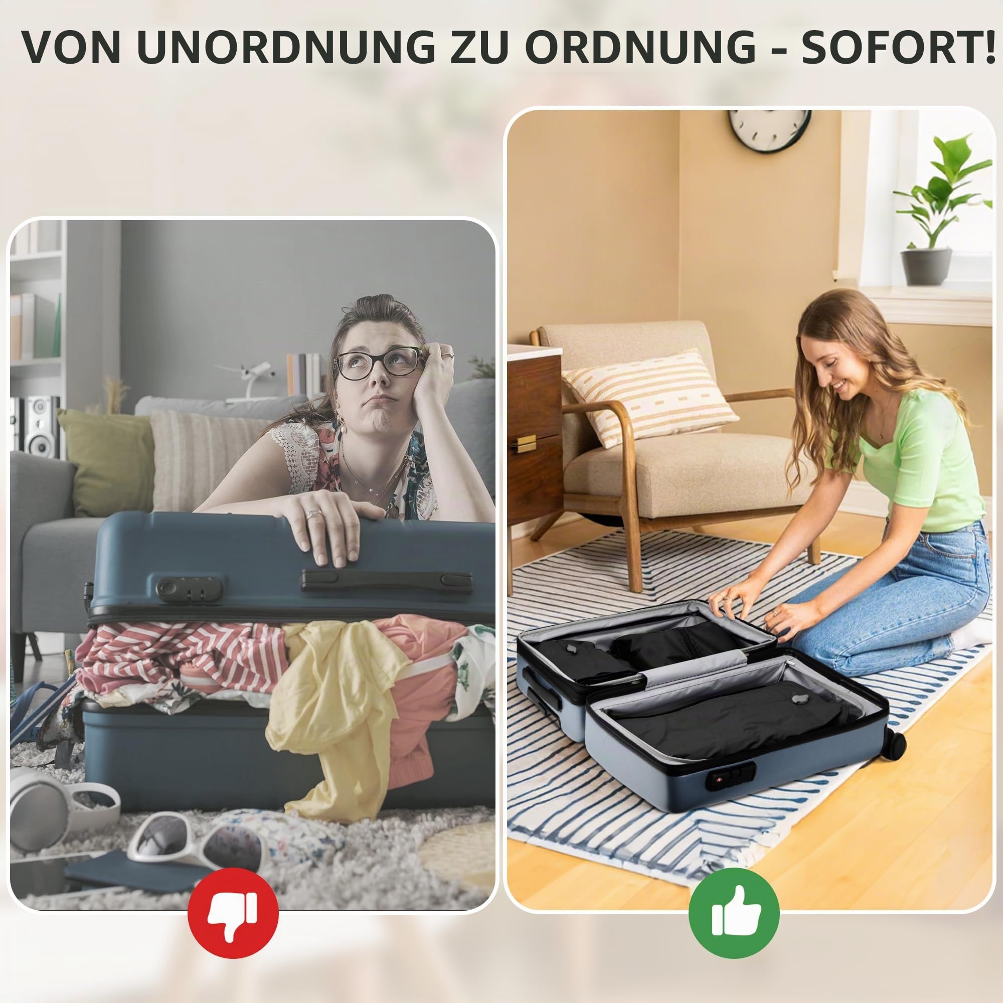 Koffer Organizer Compression Packwürfel Set, 4 Teilig Wiederverwendbar TPU Vakuumierbeutel mit IPX8 Wasserdichtem Reißverschluss Vakuumbeutel für Kleidung Unterwäsche, Socken, Schuhe