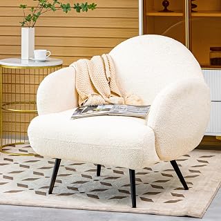 White Accent Sherpa Chair for Living Room Bedroom Reading Comfy Modern Armchair with Black Metal Legs Mid-Century Sofa Chair