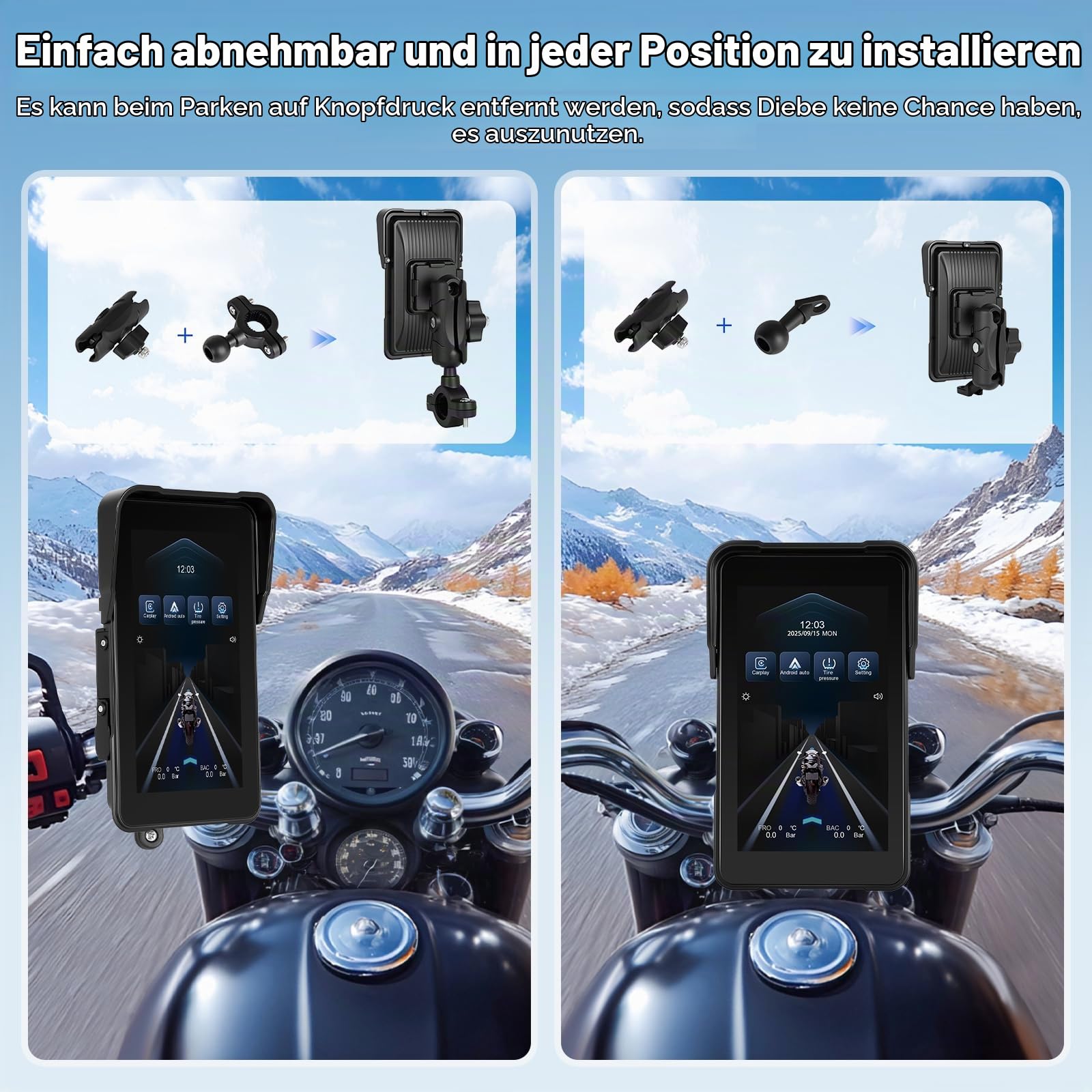 Motorrad Navigation mit Kabellosem A-pple Carplay Android Auto, Tragbares 5-Zoll-HD-Portrait-Touchscreen-Autoradio mit Bluetooth FM, IP68 Wasserdicht