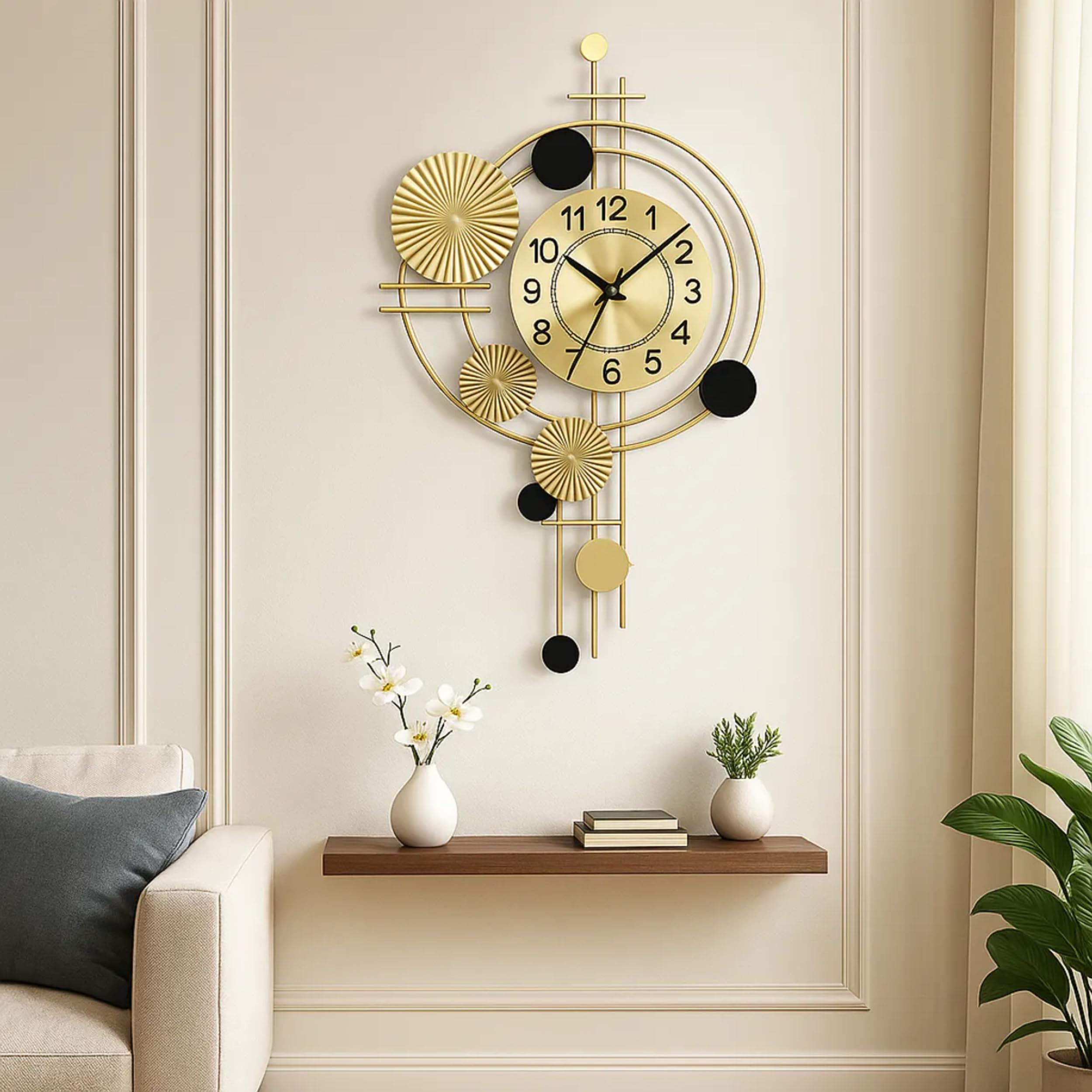 Large Decorative Metal Wall Clock Gold & Black, 75 x 45 cm | Gold & Black Finish, 30 x 18 Inch-image-32