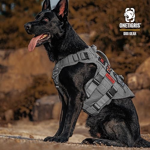 Miniatura 9 de OneTigris Arnés táctico grande para perro, arnés de chaleco ajustable sin tirones, arnés resistente para perro con asa, grandes paneles de gancho y