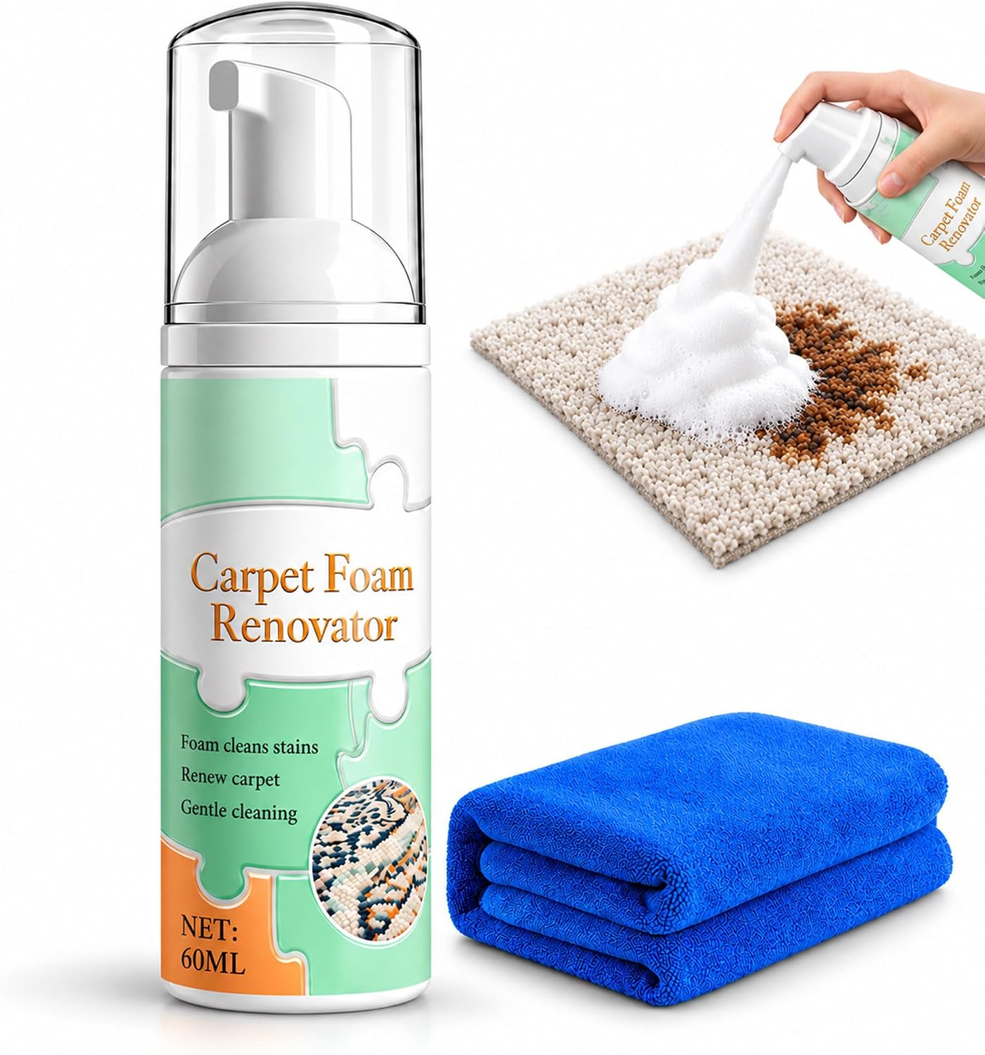 Waterless Carpet Foam Stain Remover with Towel, Carpet Cleaner Spray (1Pc)
