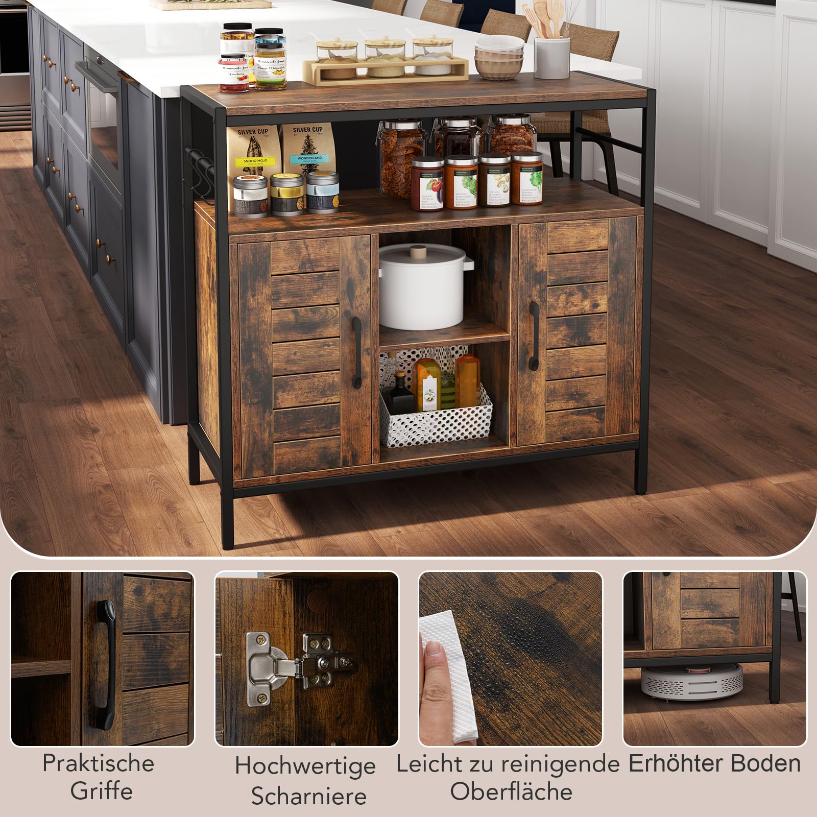 COSTWAY Dressoir rotan, commode met 1 deur en 3 laden, keukenkast 80 x 35 x 80,5 cm, woonkamerkast, buffetkast, keukeneiland voor keuken, woonkamer, eetkamer (1