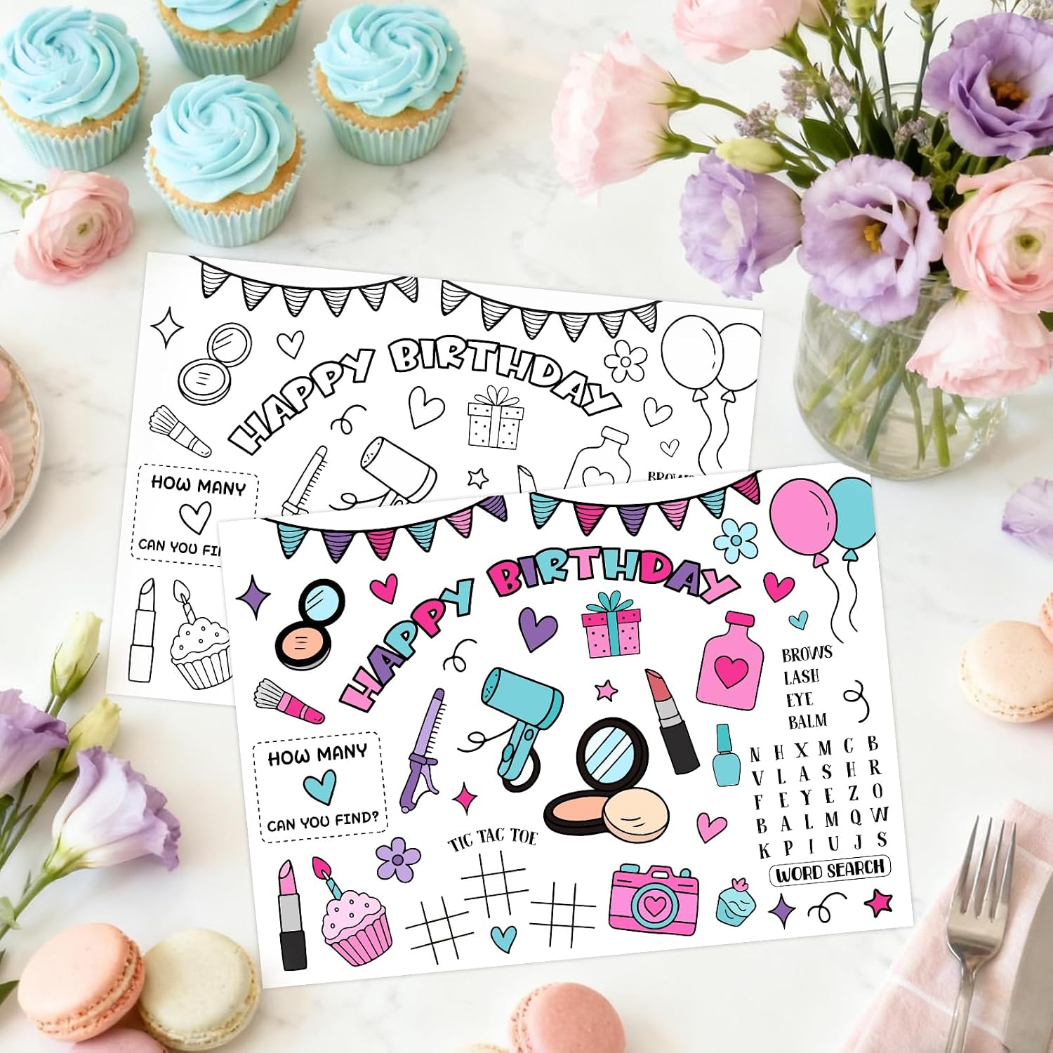 12Pcs Makeup Birthday Coloring Placemats Spa Day Party Favors Cosmetics Nail Lipstick Makeup Coloring Sheet Table Mats Table Decorations for Spa Birthday Decors Party Activities Games Favors image 2