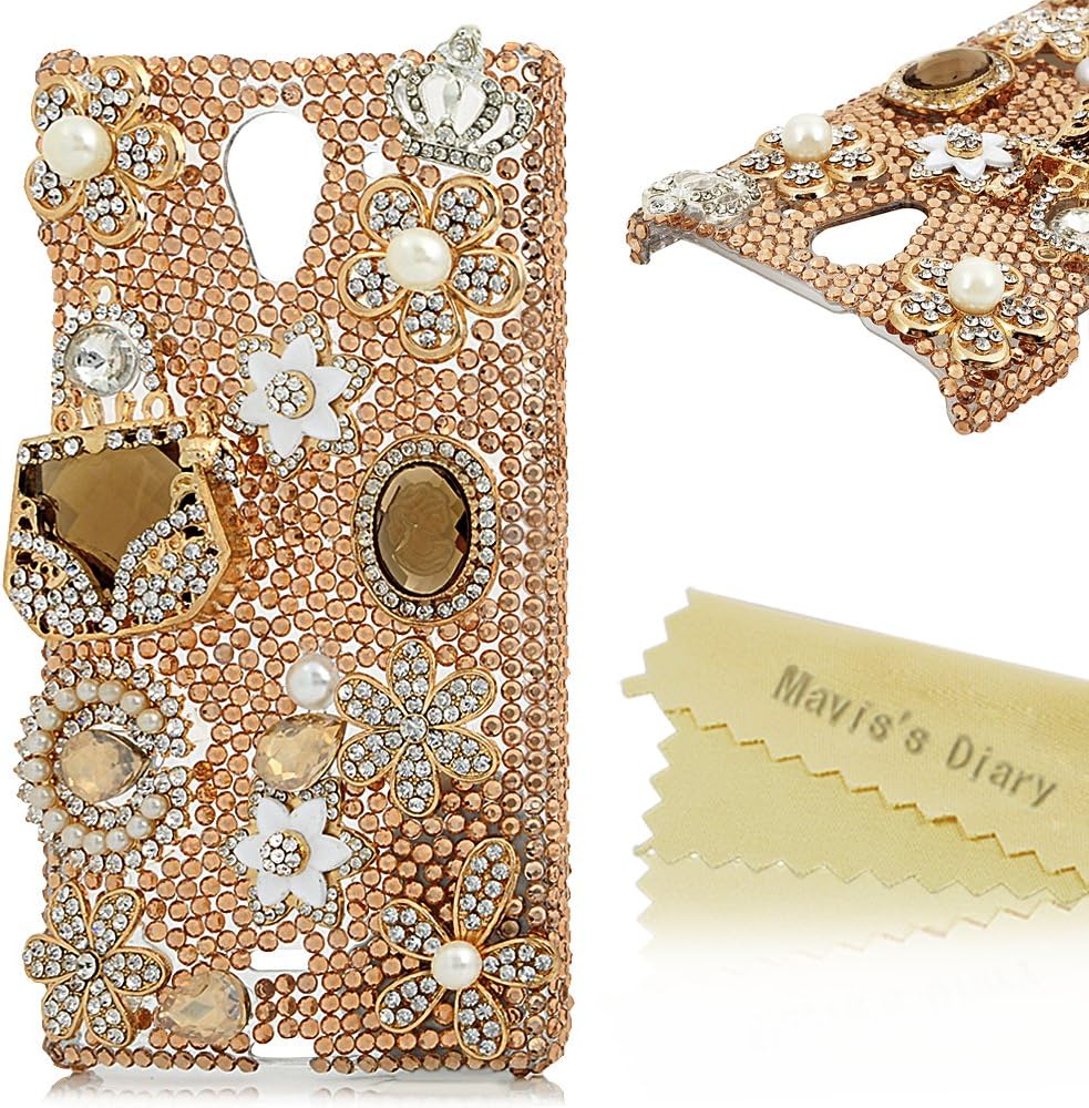 Sharp Aquos Crystal X Case(5.5 Inch) - Mavis's Diary 3D Handmade Bling Crystal Luxury Design Cute Bag Crown with Shiny Champagne Diamond Pearls Hard Clear Cover for Sharp Aquos Crystal X 402SH (5.5")