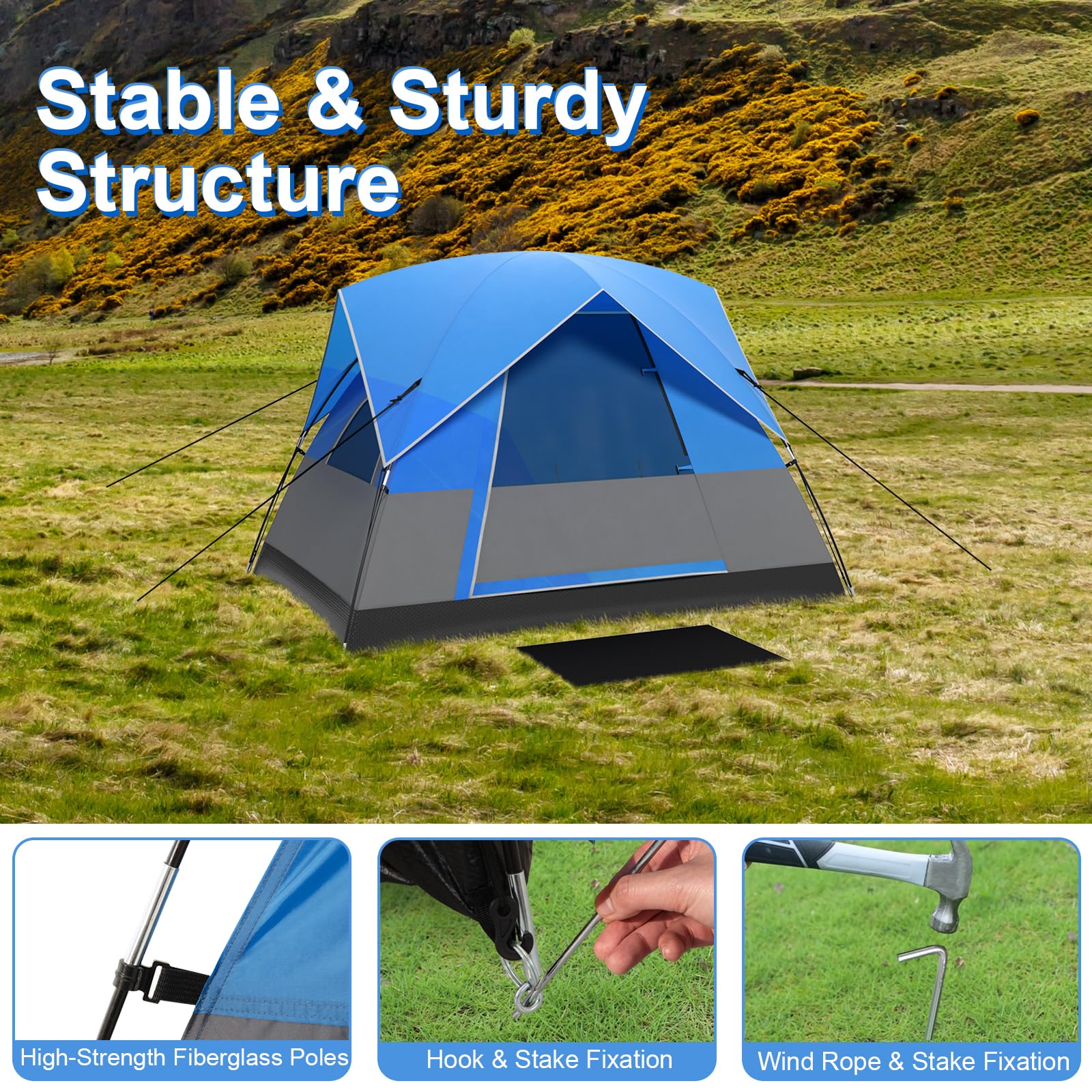 HOMASIS Tenda da campeggio per 2-3 persone, impermeabile a cupola con 3 finestre e tettuccio a pioggia, tenda da esterno con 4 corde antivento e 8 picchetti, tenda ultraleggera per trekking,