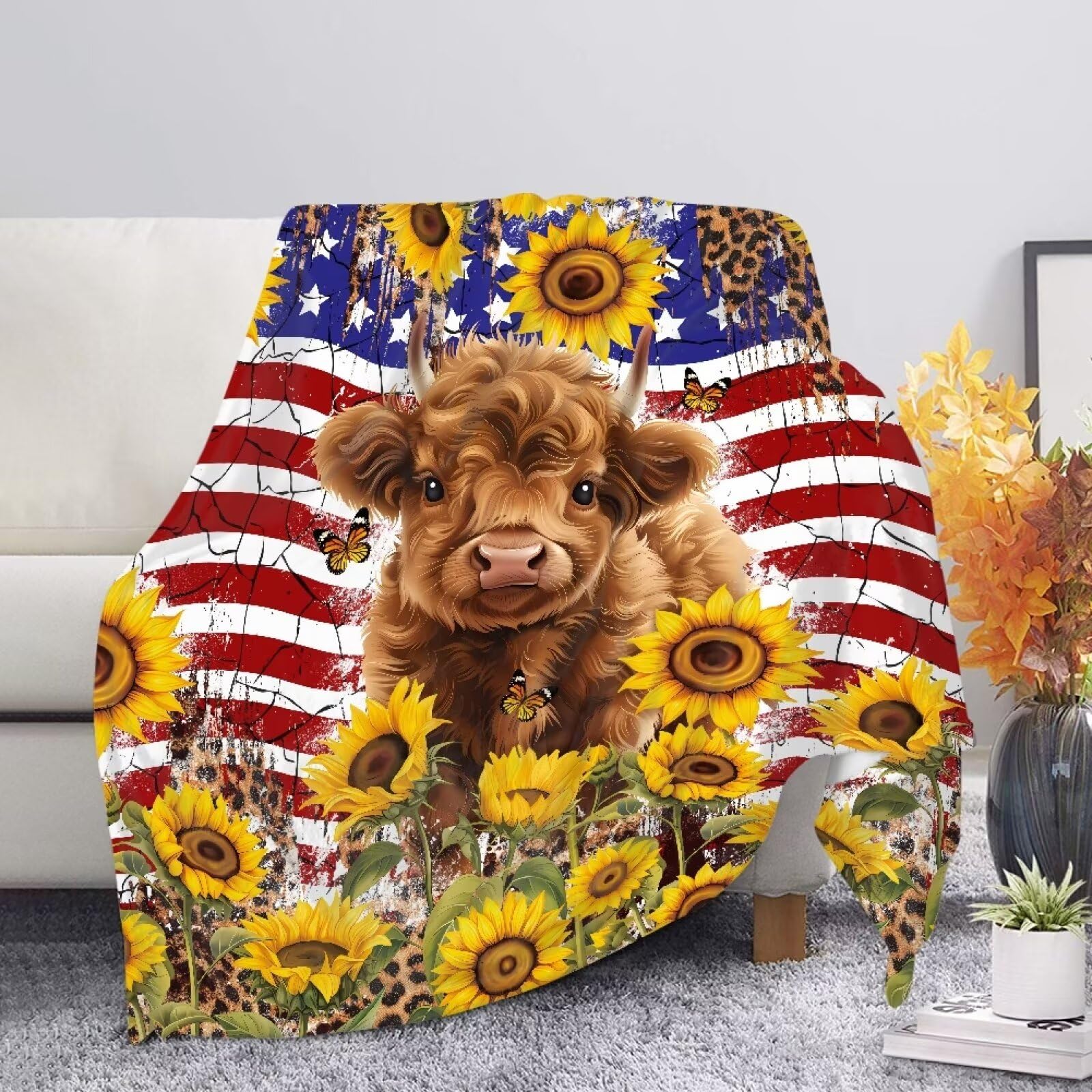 Allcute Sunflower Highland Cow Throw Blanket for Couch Bed Fluffy Soft Warm Cozy Blankets Living Room Chair Sofa Fall Blanket Small Brown Couch Throws