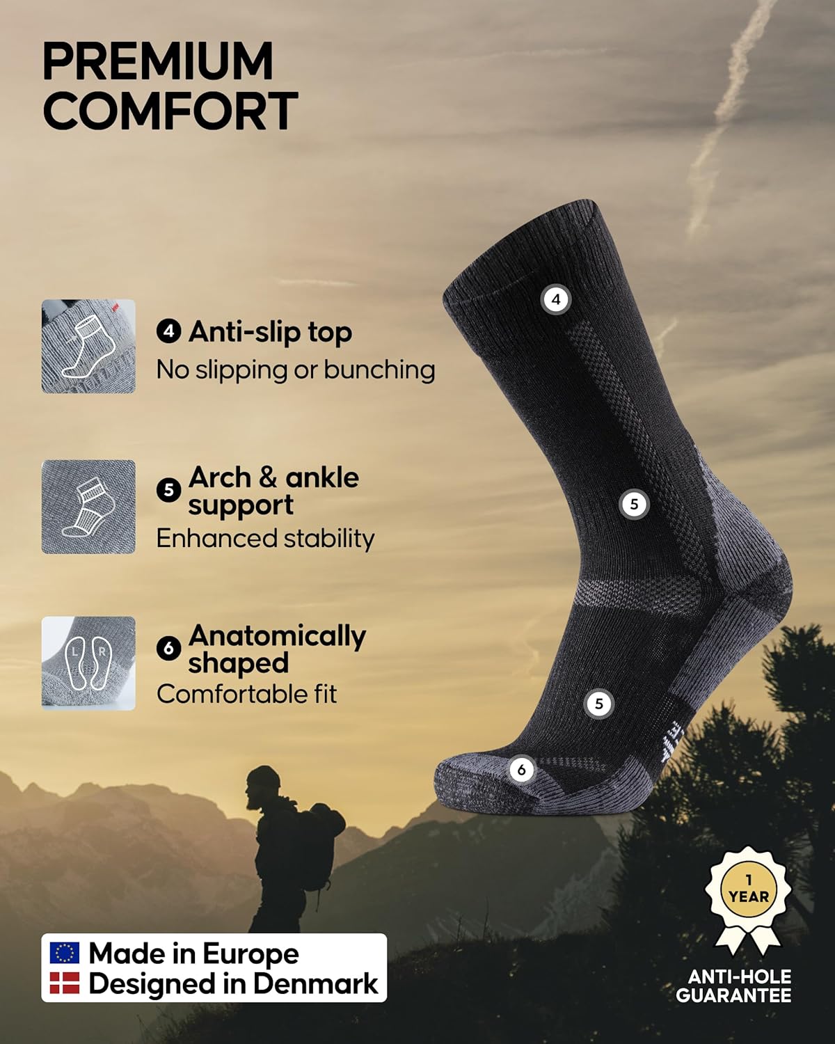 DANISH ENDURANCE Merino Wool Hiking Crew Socks for Men & Women, Cushioned Anti-Blister, Breathable - 3 Pairs - Image 3