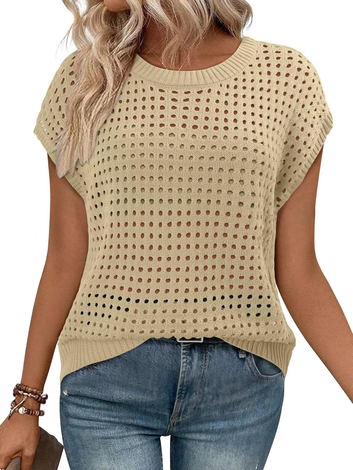 Magritta Summer Sweaters for Women Lightweight Cap Sleeve Tops Dressy Loose Fit Shirts Crew Neck Crochet Outfits - Image 2