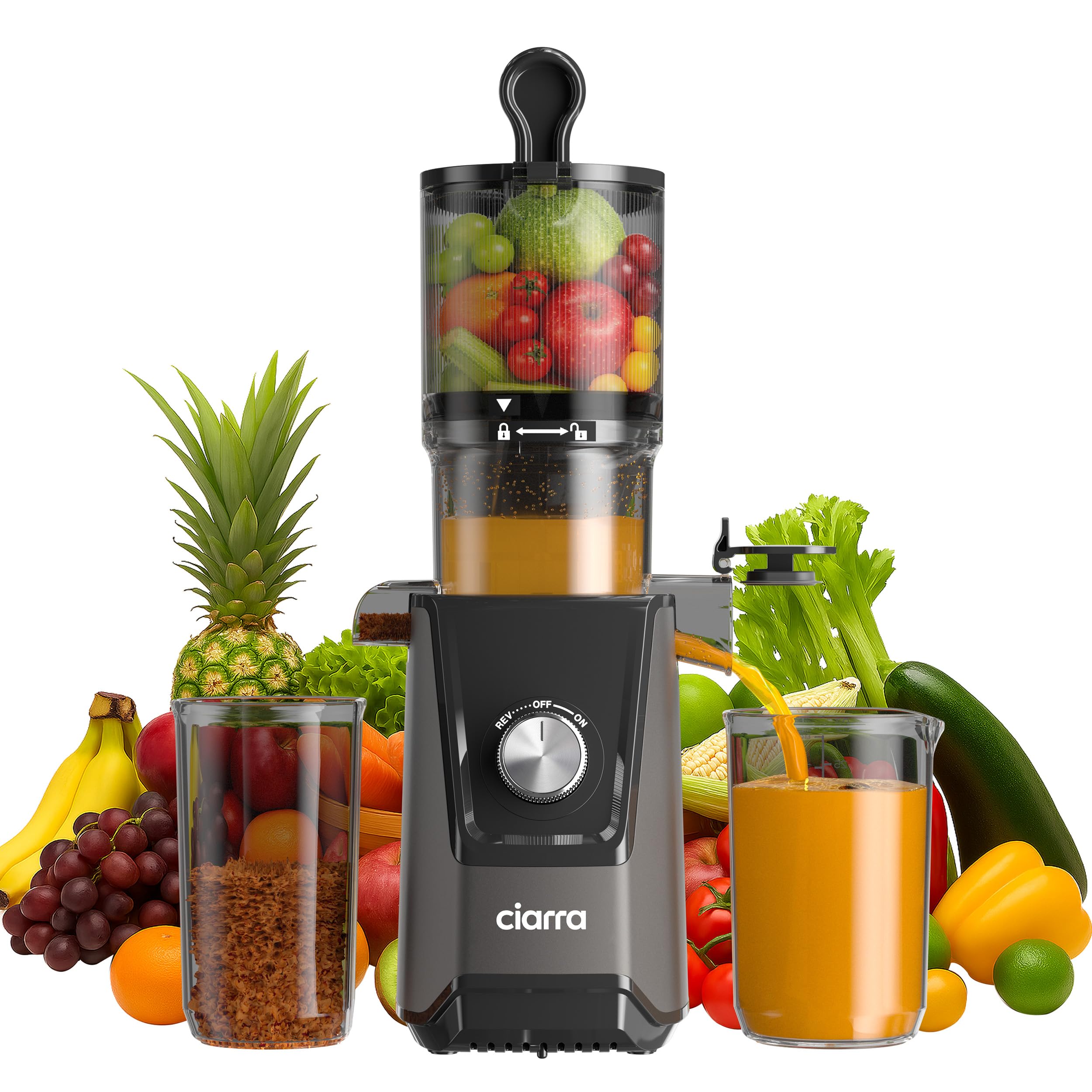 Ciarra CBSJ046-G Exprimidor Lento Canal de Alimentación de 108mm Extractor de Zumos y Verduras con Alta Pureza Slow Juicer XXL Licuadora en frío 2 Vasos Incluidos