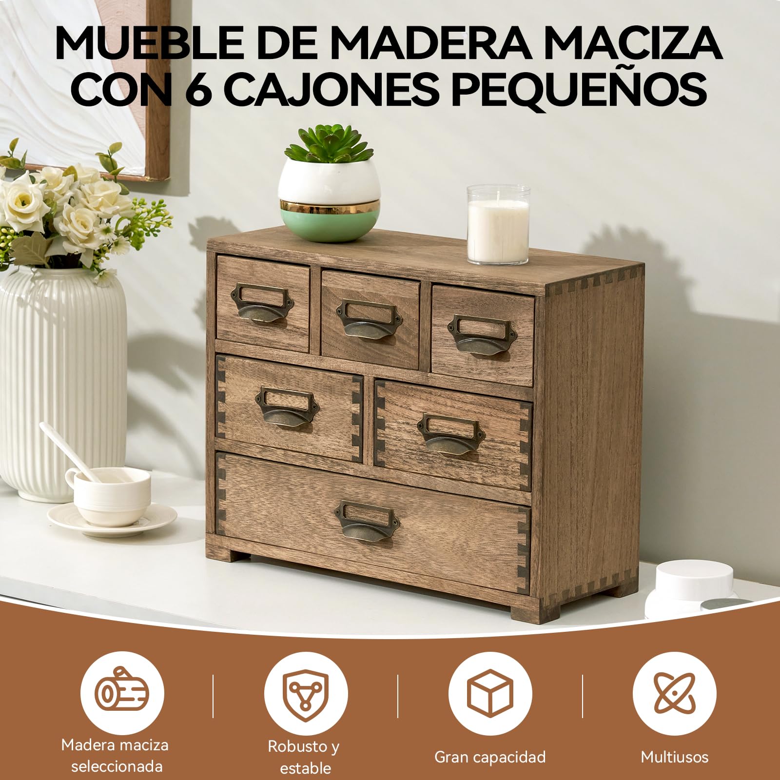 KIRIGEN Organizador de Escritorio, Minicajonera de Madera, Marrón oscuro | 6 cajones, paulownia maciza, 35,7 x 14,2 x 28,1 cm, artesanal, montada, ensambles de mortaja y espiga, aceite vegetal