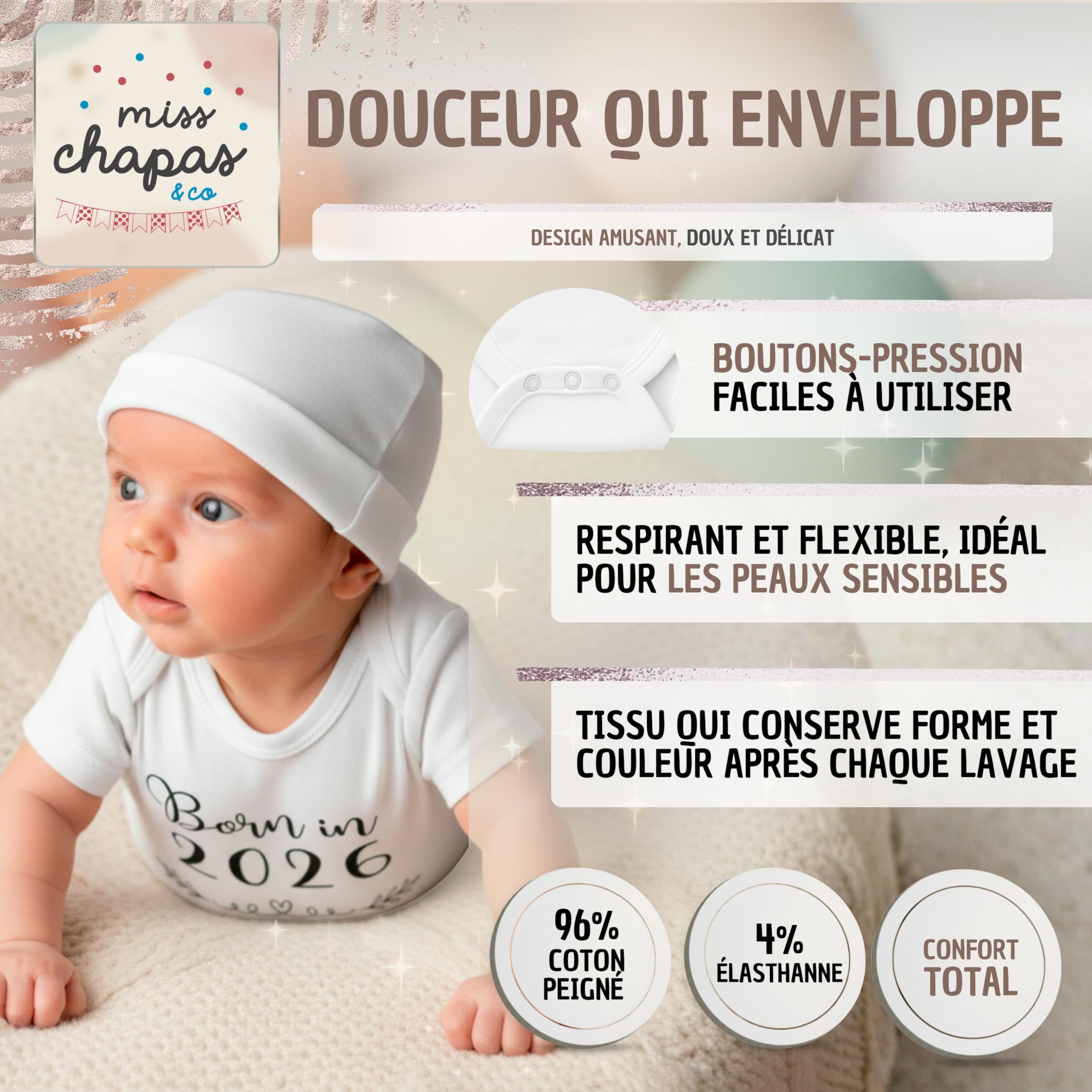 Ensemble Bébé Born in 2026" Body + Bonnet – Cadeau de Naissance Original, Baby Shower, Noël | Nouveau-né | Présenté dans une Boîte Kraft Prêt à Offrir