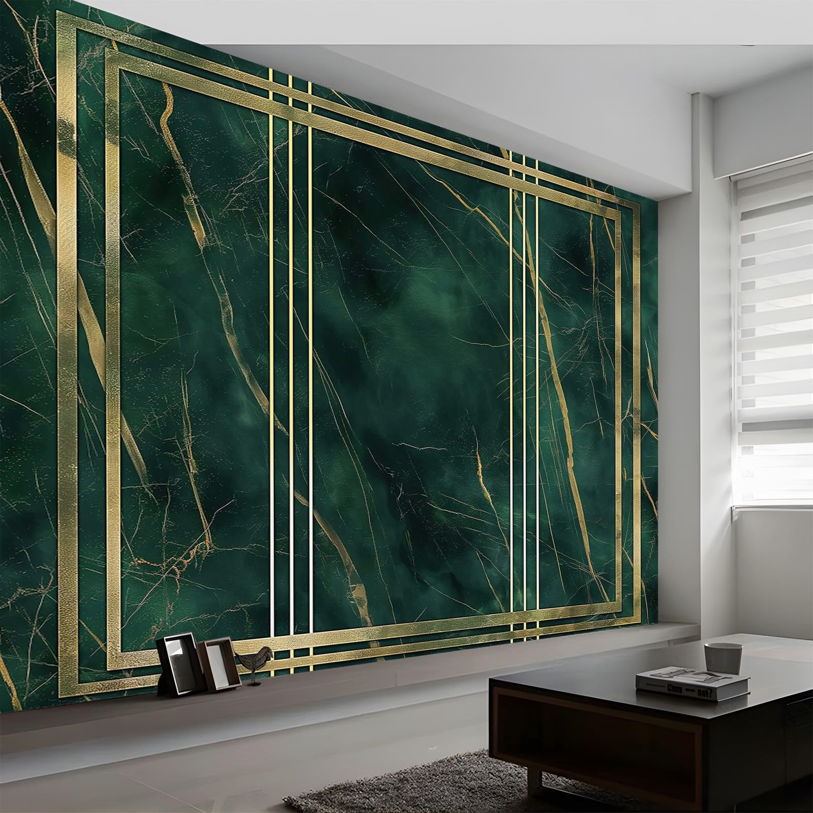 3D Wall Mural Marble Gold Texture Stripes Print Photo Wallpaper, Dark Green Non-Woven Wall Mural Decoration Poster Picture Design Modern 500 x 280 cm (W x H) Mural for Living Room Kids Bedroom