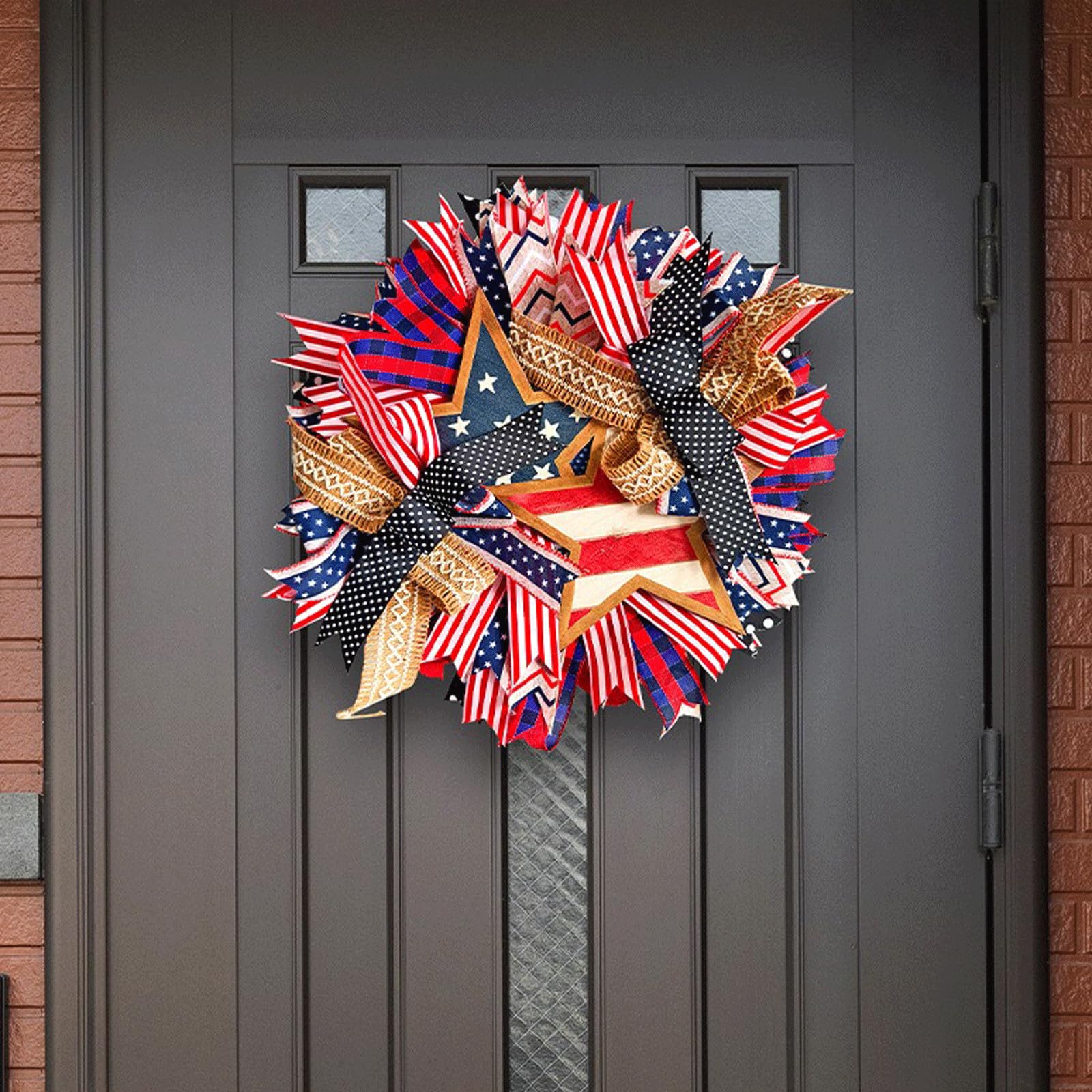 Ghirlanda patriottica del 4 luglio - Tessuto colorato e Ghirlanda Floreale in Legno per Porta d'ingresso - 18x18 Pollici