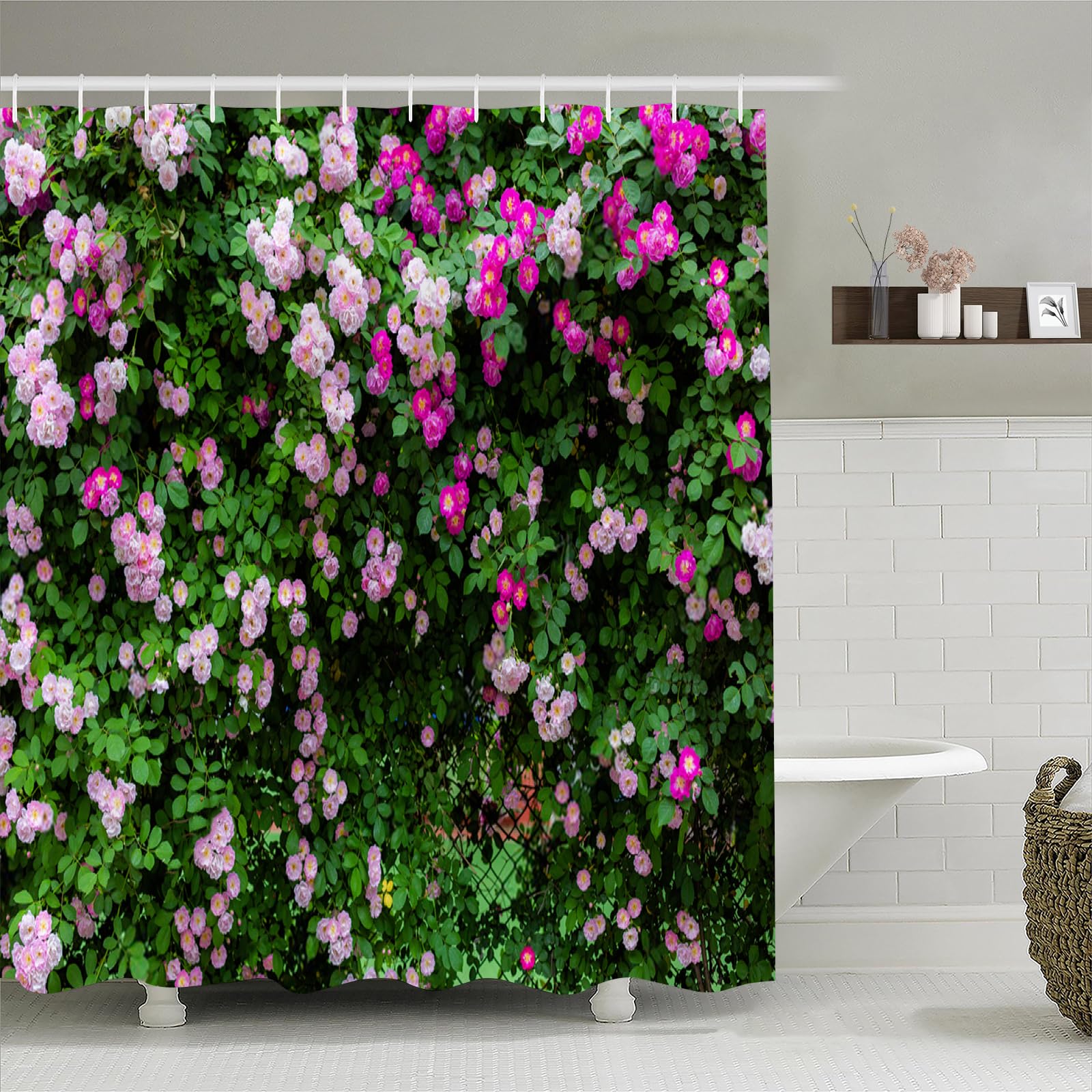 Simpomsy Outdoor 3D Floral Shower Curtain - Pink Garden Scenery Waterproof With Hooks 180x180cm
