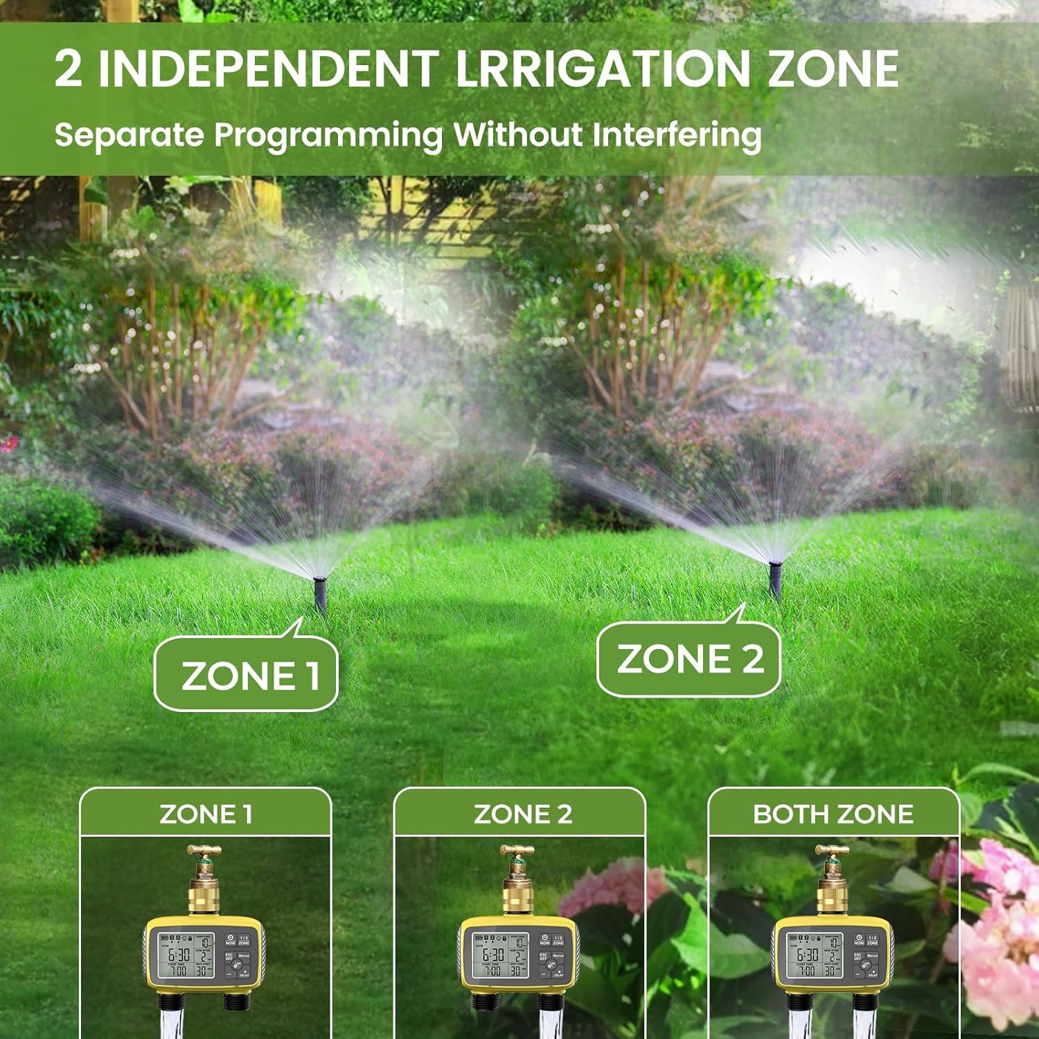 Programmable 2-Zone Smart Sprinkler Timer - Outdoor Automatic Irrigation Water Timer with Rain Delay & Waterproof Brass Swivel for Lawn, Garden, Pool (Yellow)