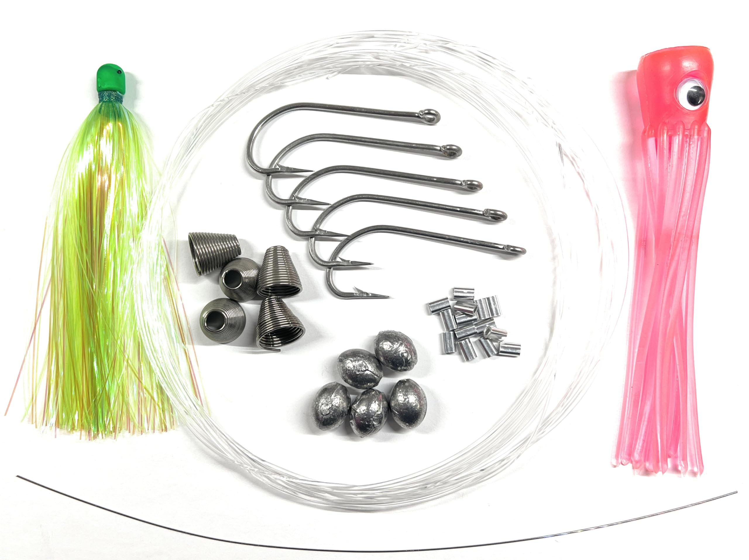 (5 Pack) Ballyhoo Rig Making Kit Bonus Chugger & Squid Skirt Included Saltwater Fishing Lures for Dolphin Mahi Tuna Wahoo Dorado and King Mackerel. Offshore Big Game Trolling Ballyhoo Fishing Rigs