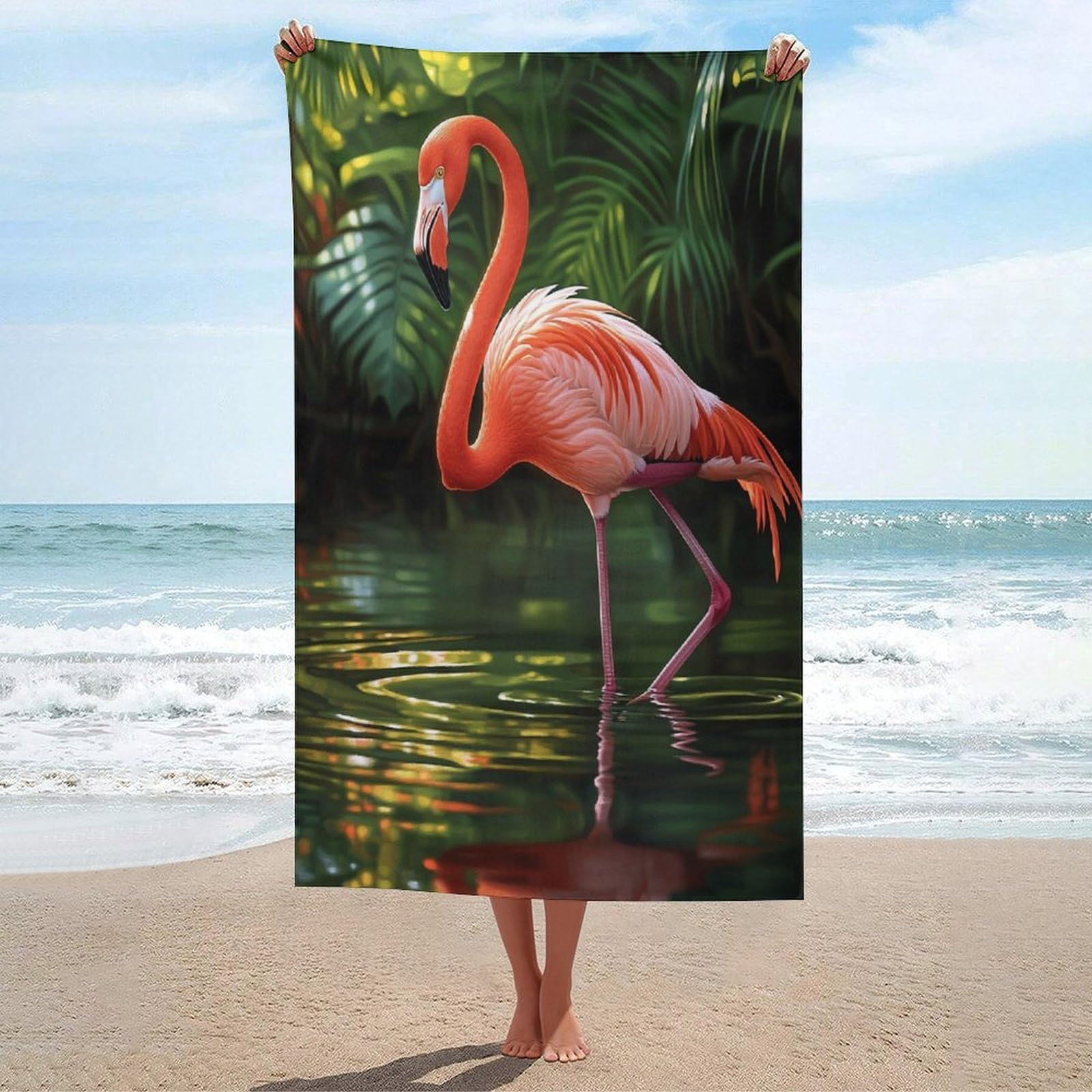 LSRCPD Flamingo in Water Pink Bird Tropical Wetland Habitat Beach Towel Sand Free Microfiber Large Shower Towels Multipurpose Absorbent for Bathroom Pool 130x80 CM