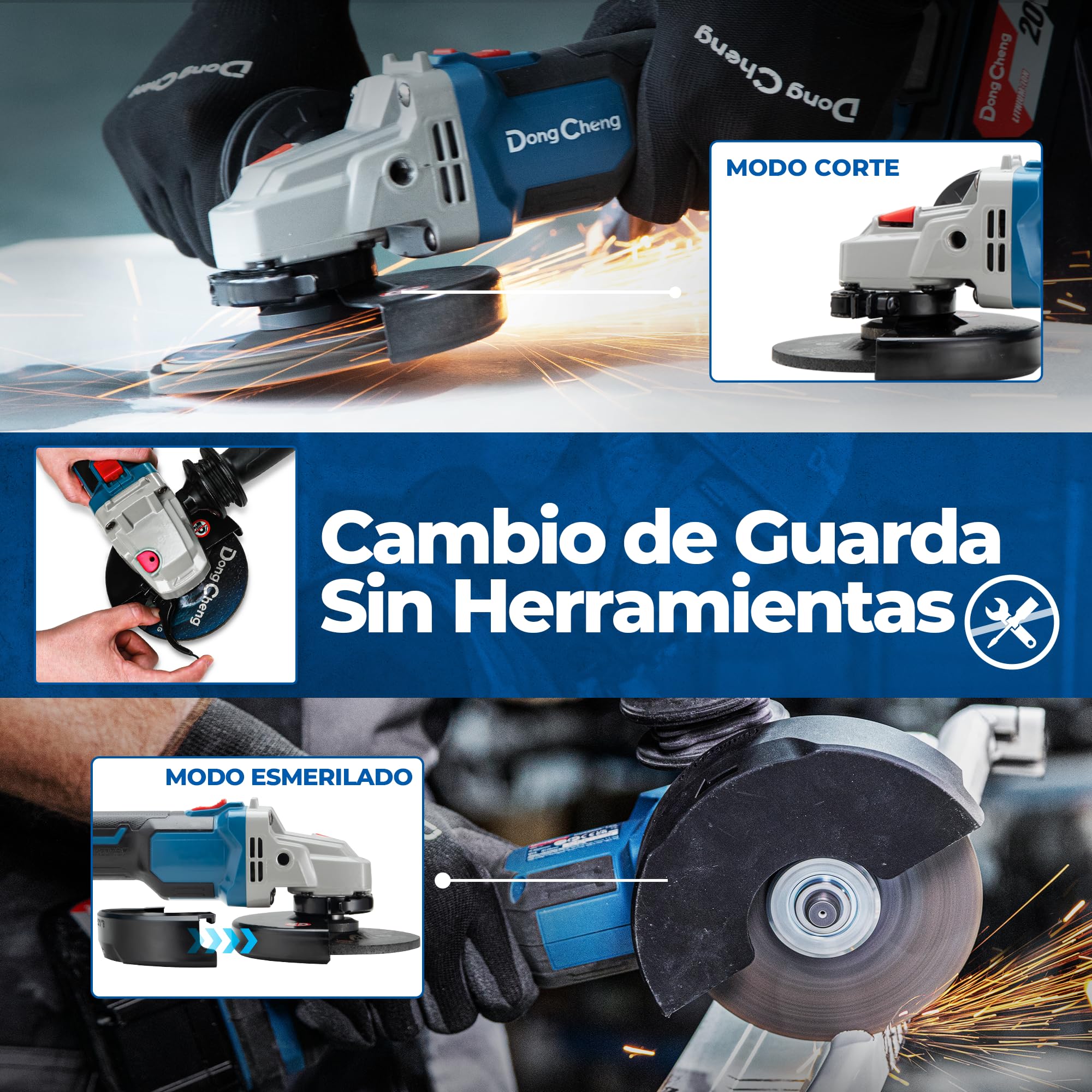 DongCheng Amoladora angular a batería 20 V 125 mm, motor sin escobillas, cubierta de liberación rápida, empuñadura antivibración, 2 discos abrasivos, 2 discos de corte, batería de 4,0 Ah.