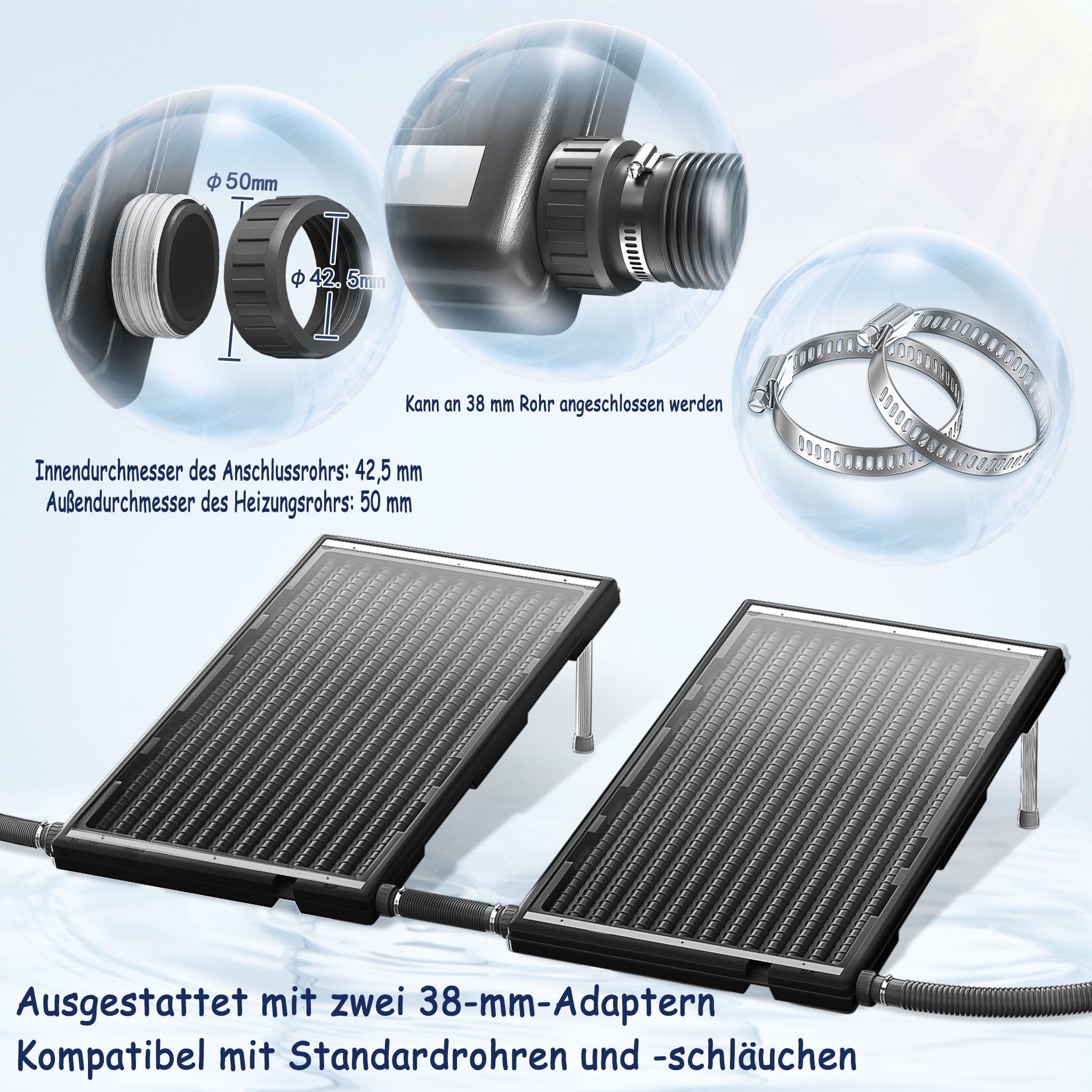 YRHome Riscaldamento solare per piscina, 15 l, pannello solare con treppiede e tubo, riscaldamento solare, impianto solare per piscine, acqua calda, giardino, piscina, riscaldamento, modello dritto (2