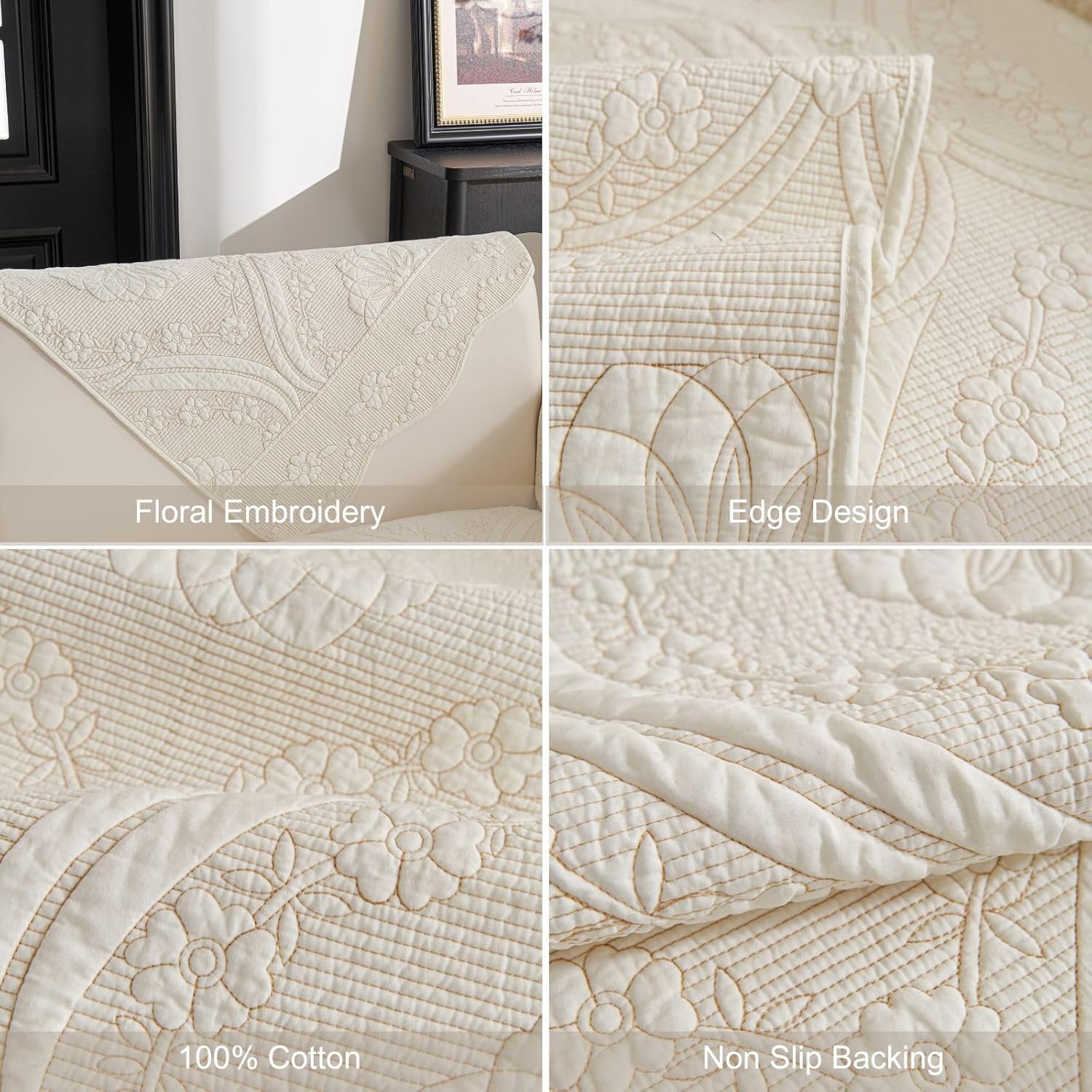 vctops Cotton Quilted Couch Cover Farmhouse Counrty Floral Embroidered Sofa Cover Non Slip Soft Scalloped Sofa Slipcover Washable Furniture Protector for Dog Pet Cat (Cream,36"x36")